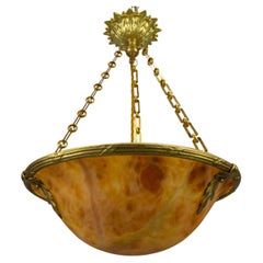 French Neoclassical Style Amber Alabaster and Bronze Pendant Light, circa 1920