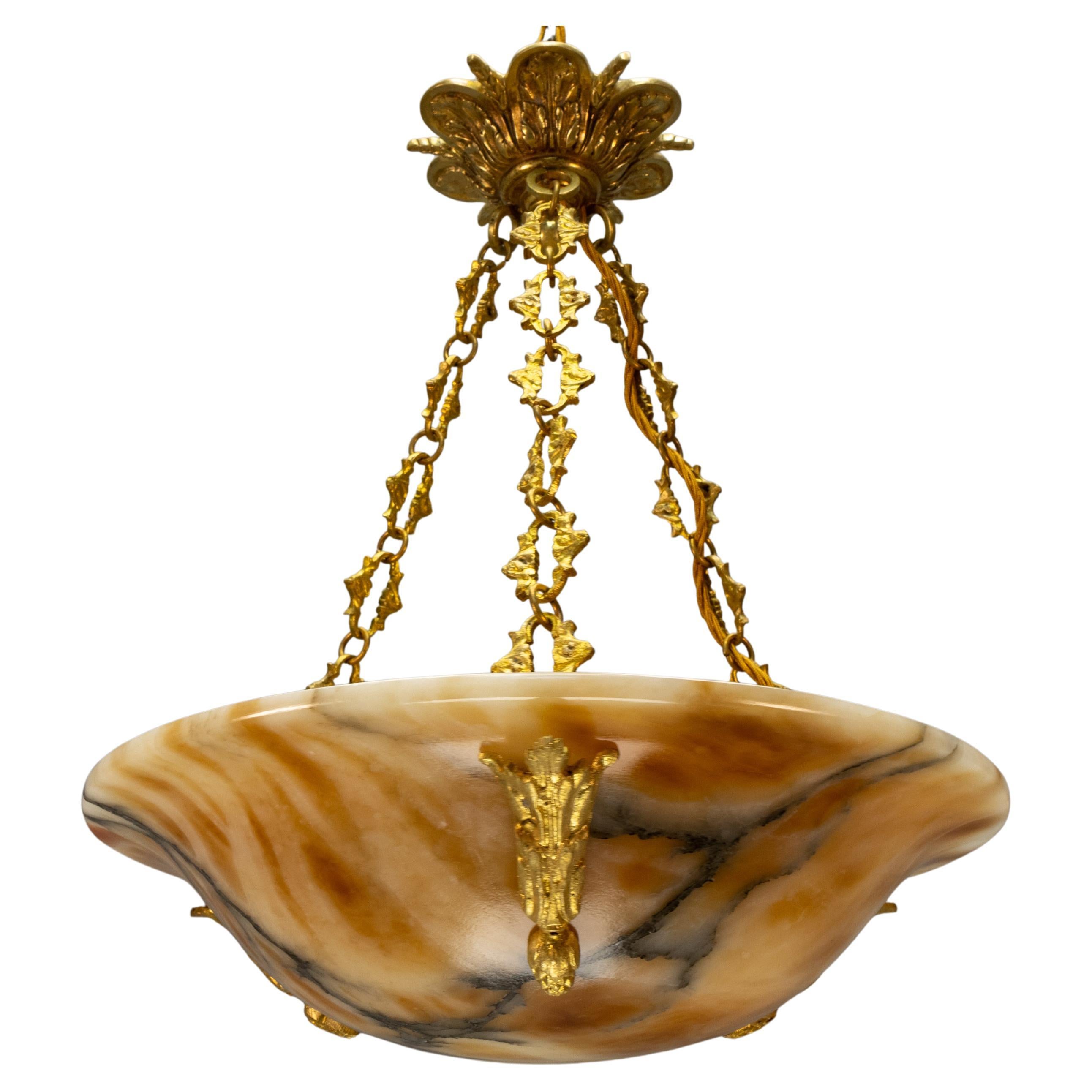 French Neoclassical Style Amber Alabaster and Bronze Pendant Light, circa 1920s