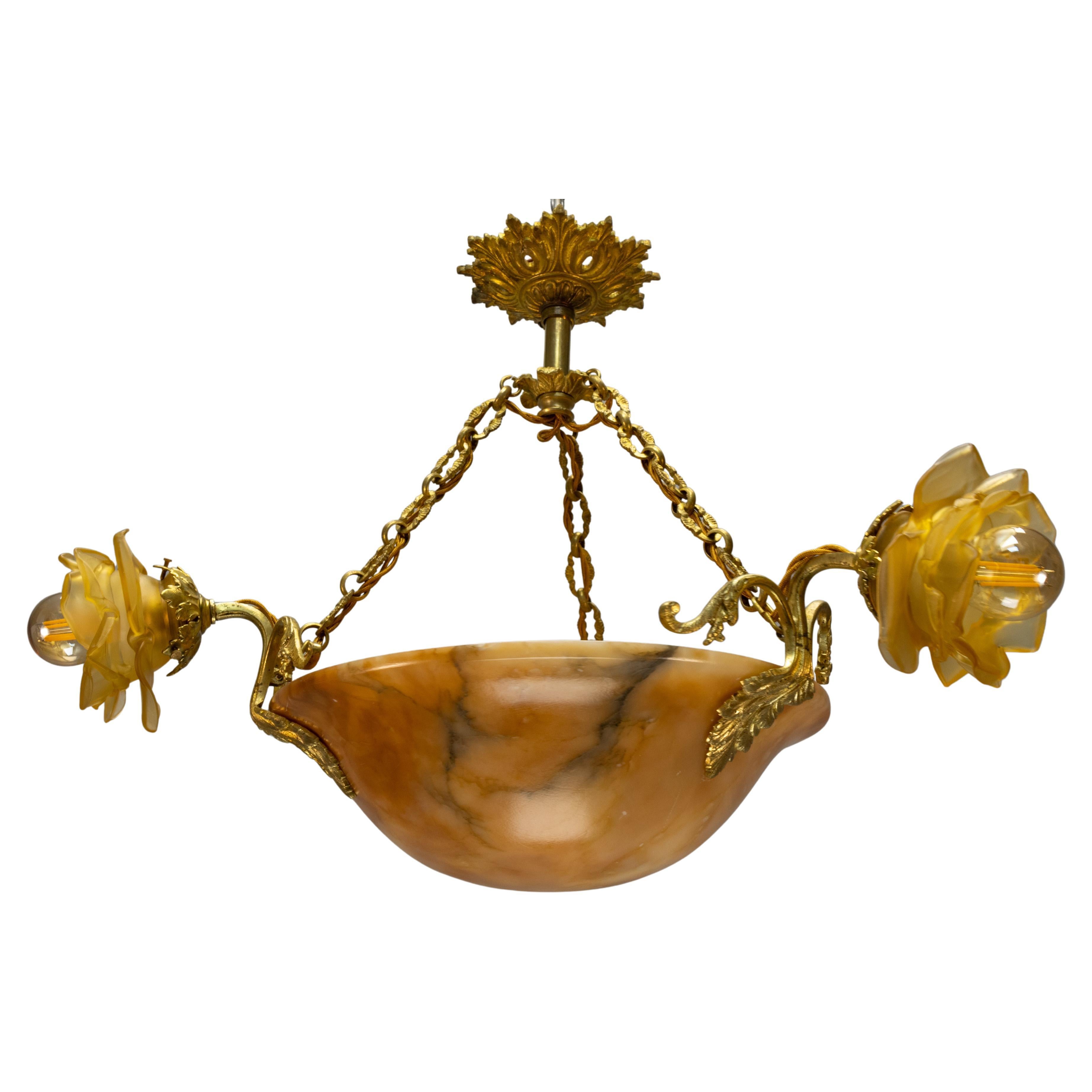 French Neoclassical Style Amber Alabaster and Frosted Glass Chandelier, ca. 1920