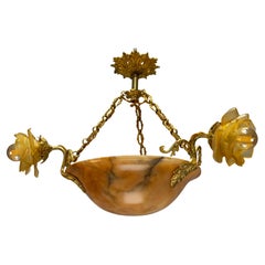 Antique French Neoclassical Style Amber Alabaster and Frosted Glass Chandelier, ca. 1920