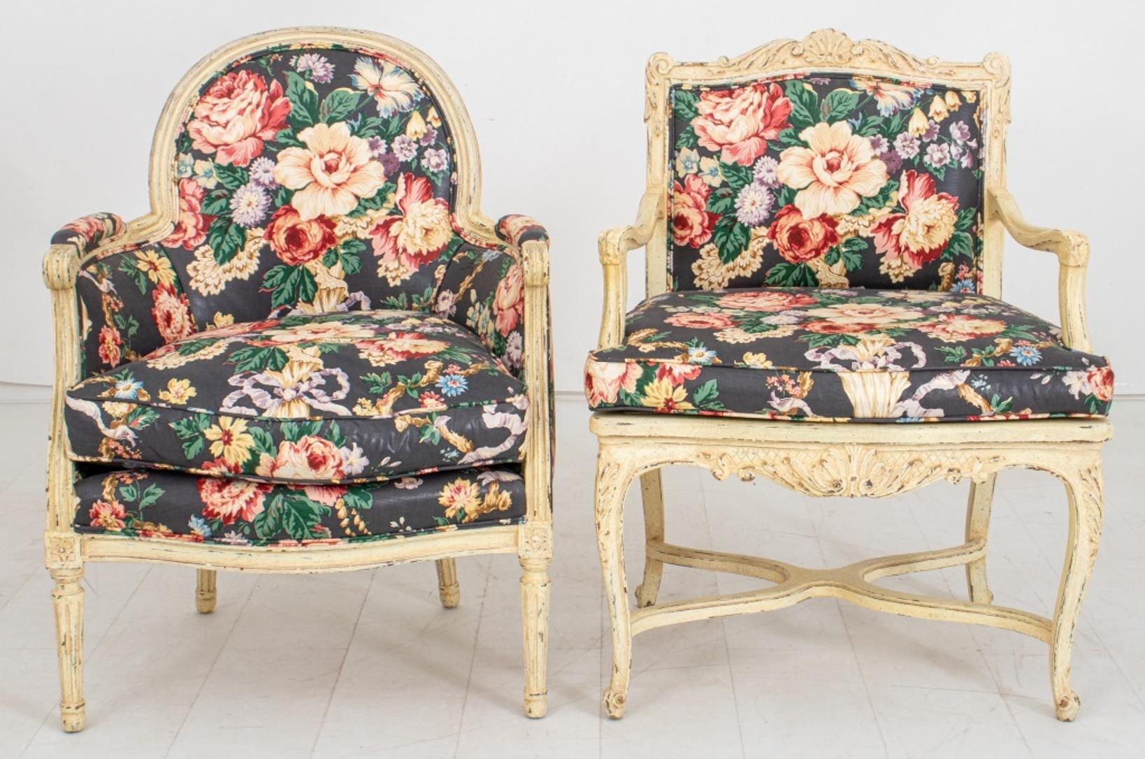 Group of French Neoclassical style seating comprising two armchairs and one footrest, one bergere in the Louis XVI taste with ovoid seat back and one rectangular in the Louis XIV manner, with carved painted wood frames and floral motif