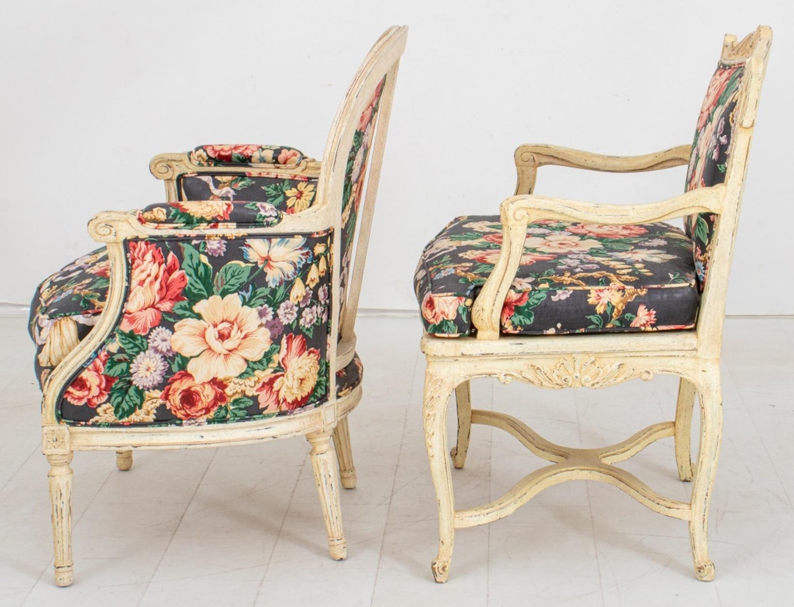 French Neoclassical Style Bergeres & Stool, Set of Three In Good Condition In New York, NY