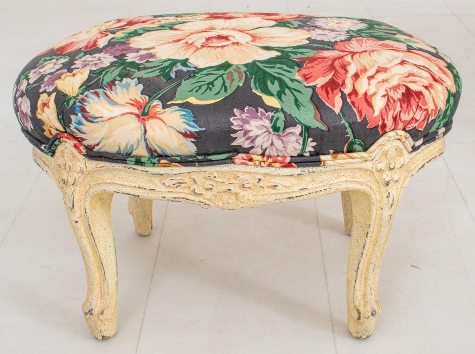 Fabric French Neoclassical Style Bergeres & Stool, Set of Three