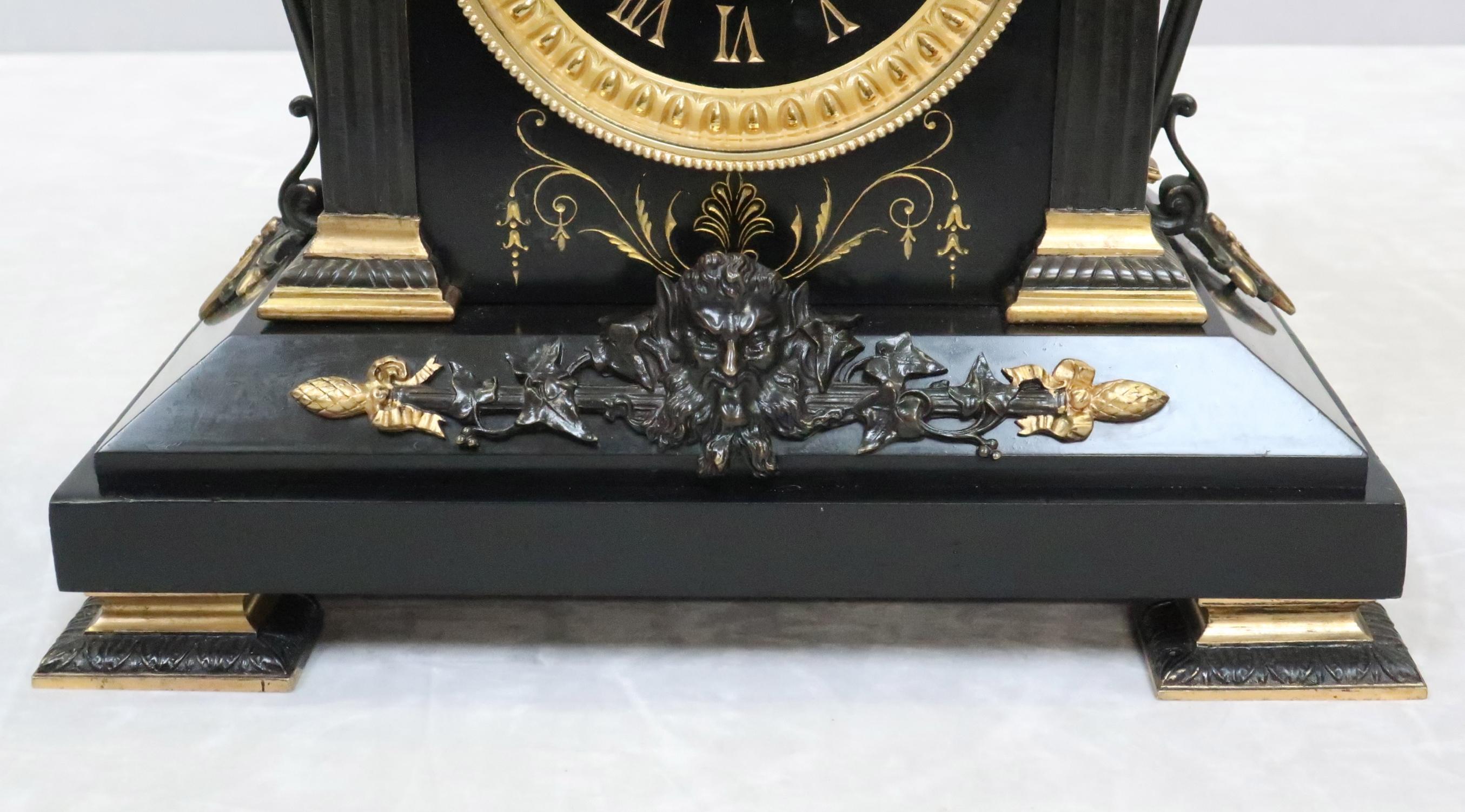 French Neoclassical Style Black Slate and Bronze Gilt Mantel Clock In Good Condition In Macclesfield, GB
