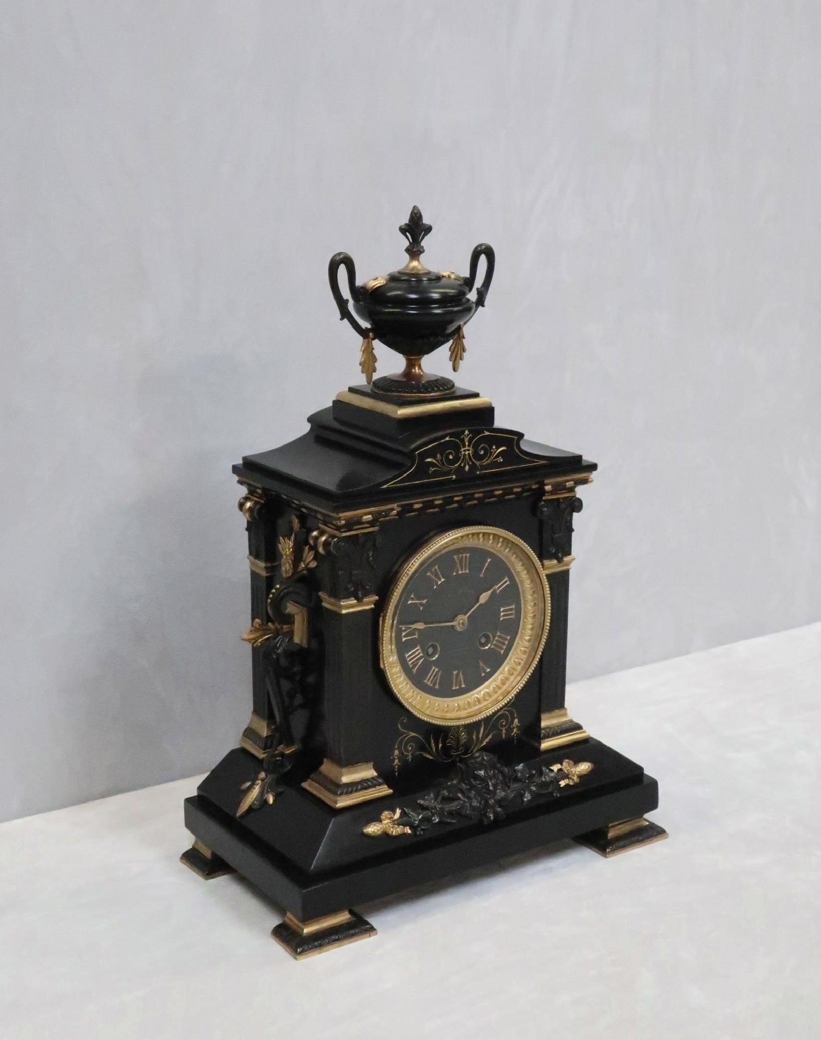 French Neoclassical Style Black Slate and Bronze Gilt Mantel Clock 2