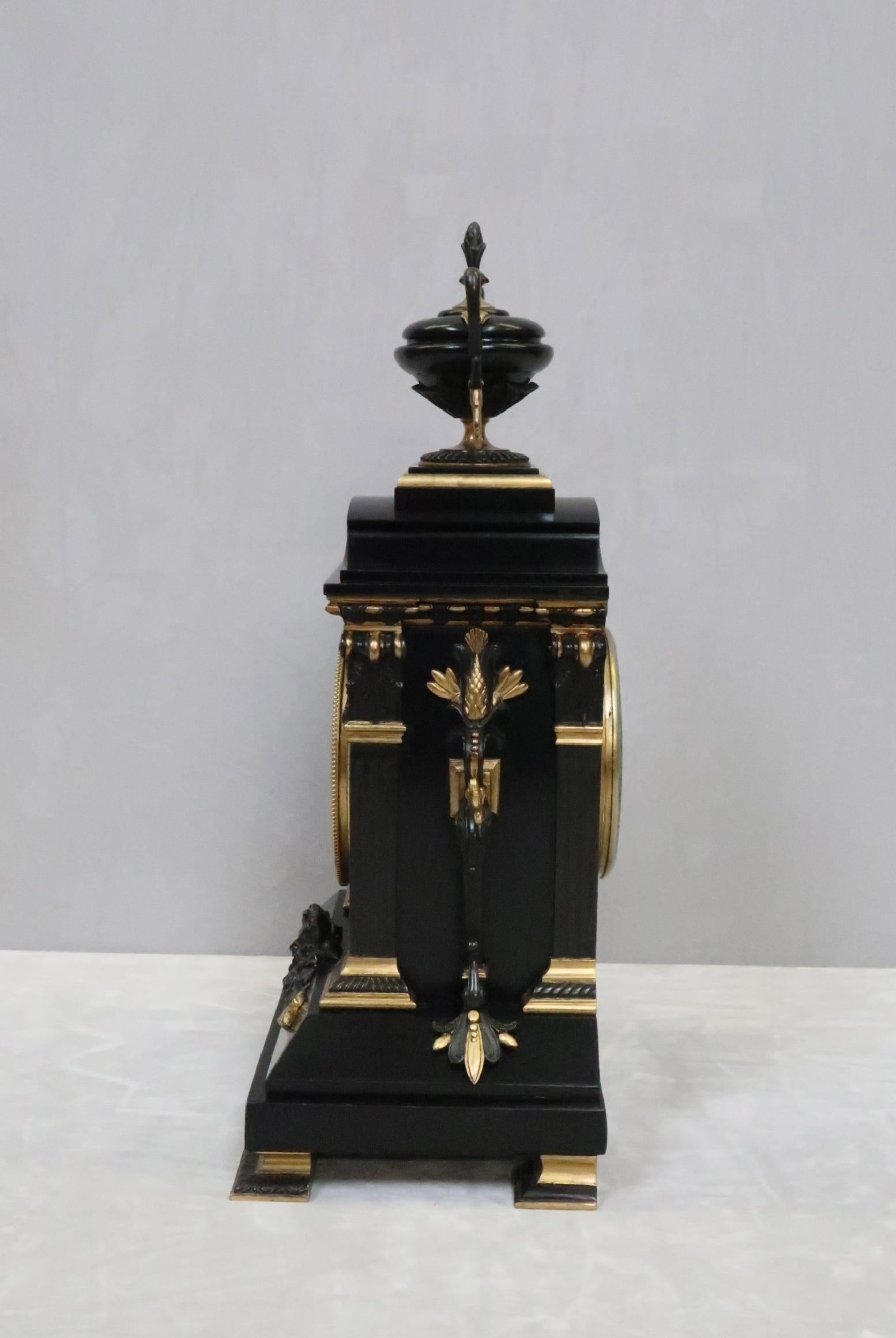 French Neoclassical Style Black Slate and Bronze Gilt Mantel Clock 3
