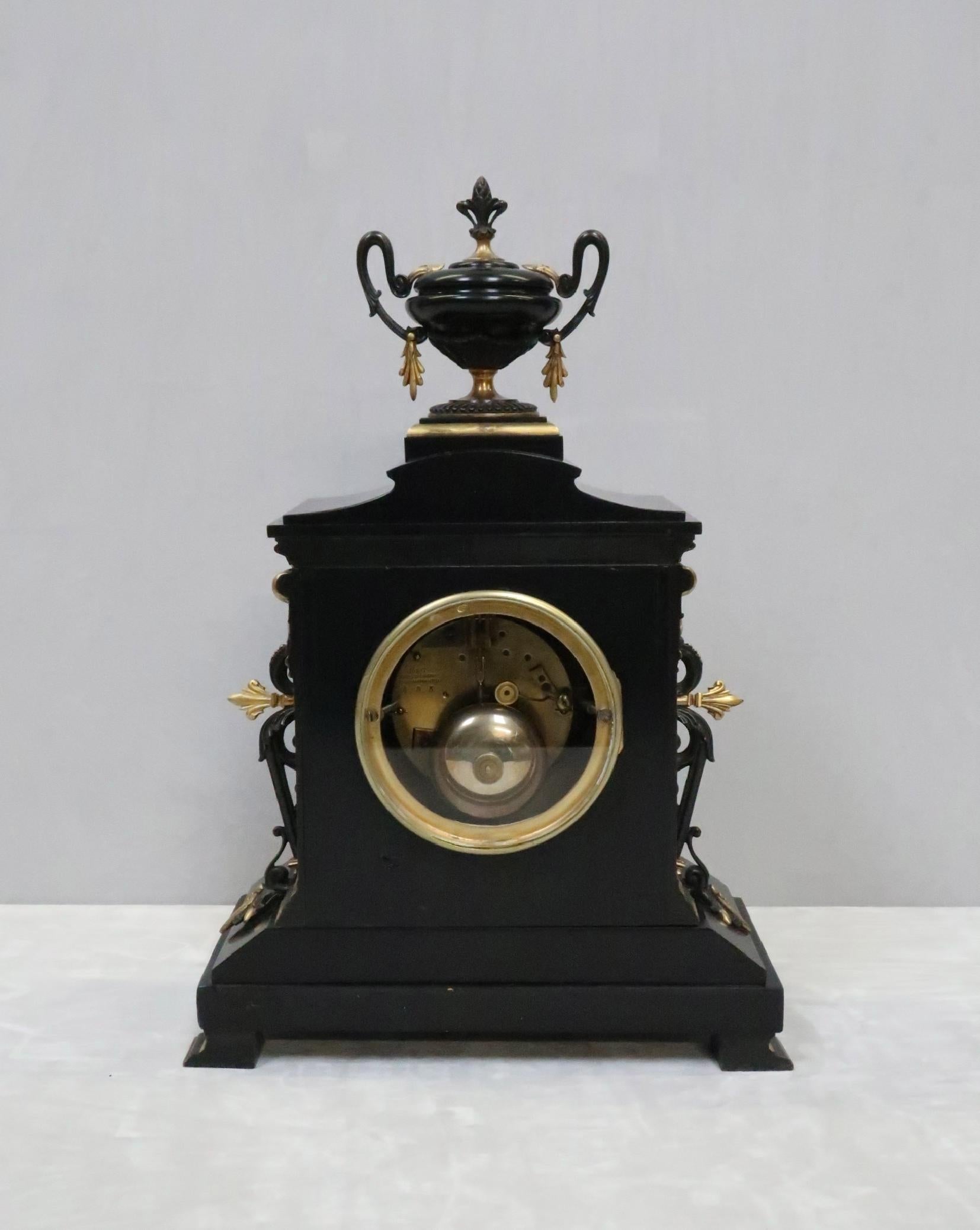 French Neoclassical Style Black Slate and Bronze Gilt Mantel Clock 1