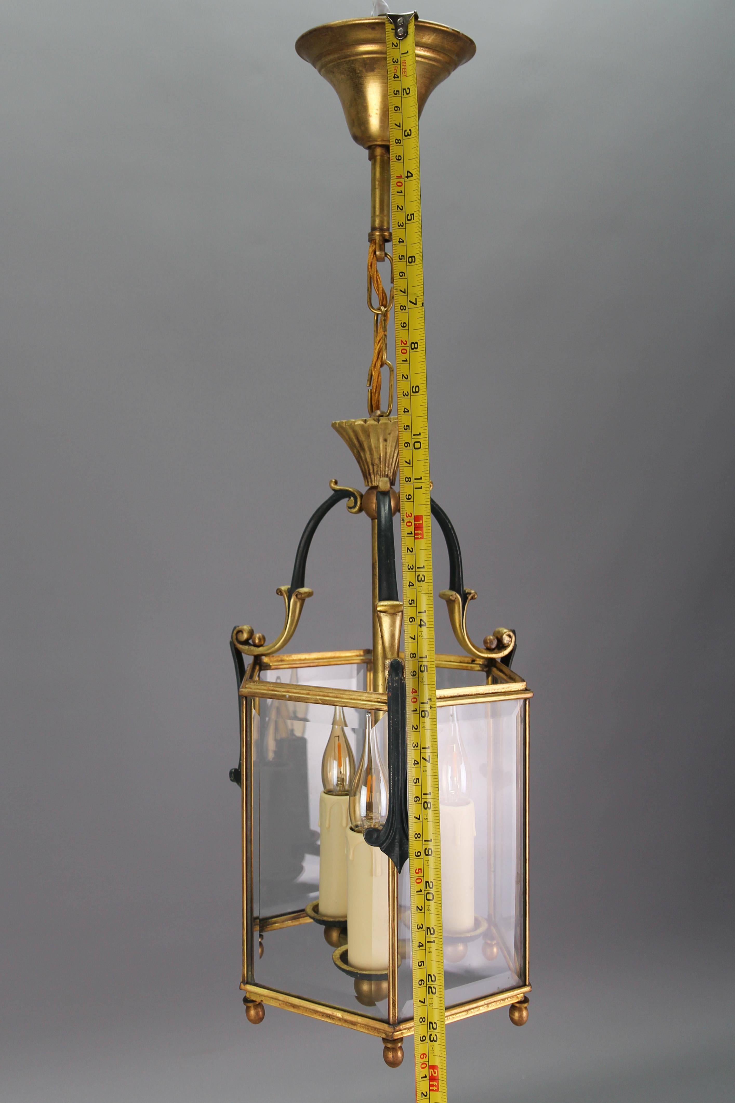 French Neoclassical Style Brass and Beveled Clear Glass Hexagonal Lantern, 1920s For Sale 14