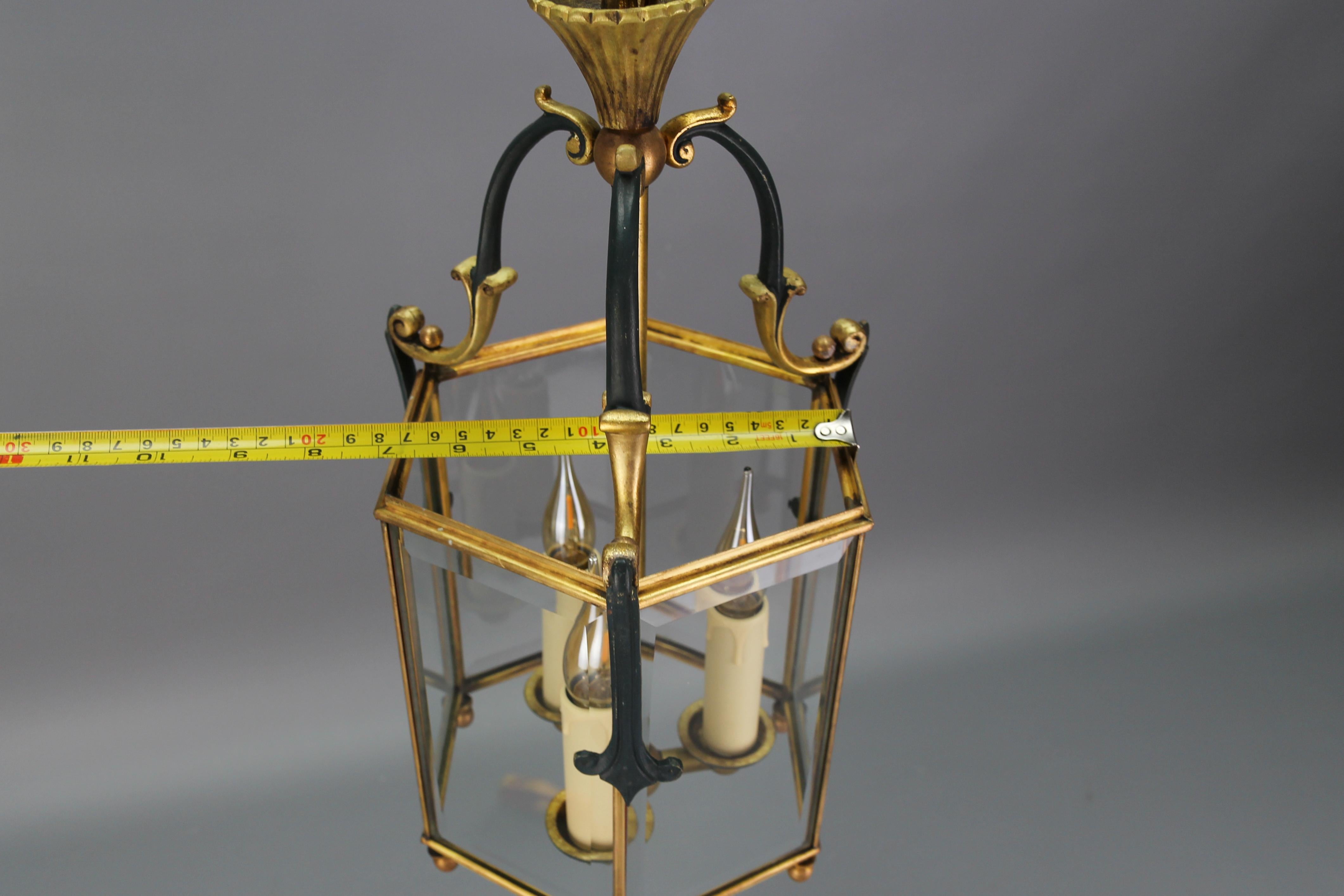 French Neoclassical Style Brass and Beveled Clear Glass Hexagonal Lantern, 1920s For Sale 16