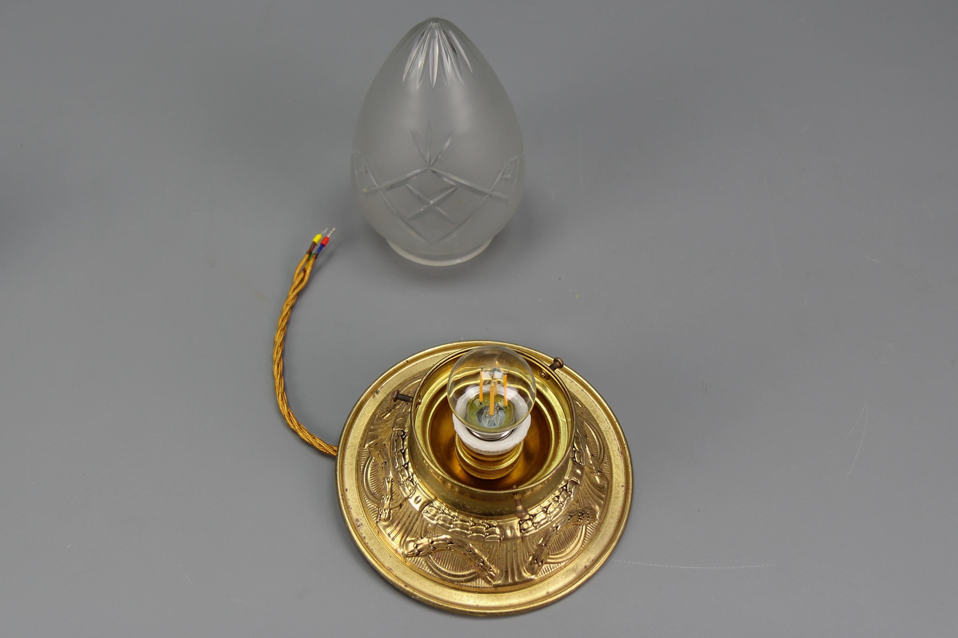 French Neoclassical Style Brass and Frosted Cut Glass Ceiling Light, circa 1910 For Sale 9