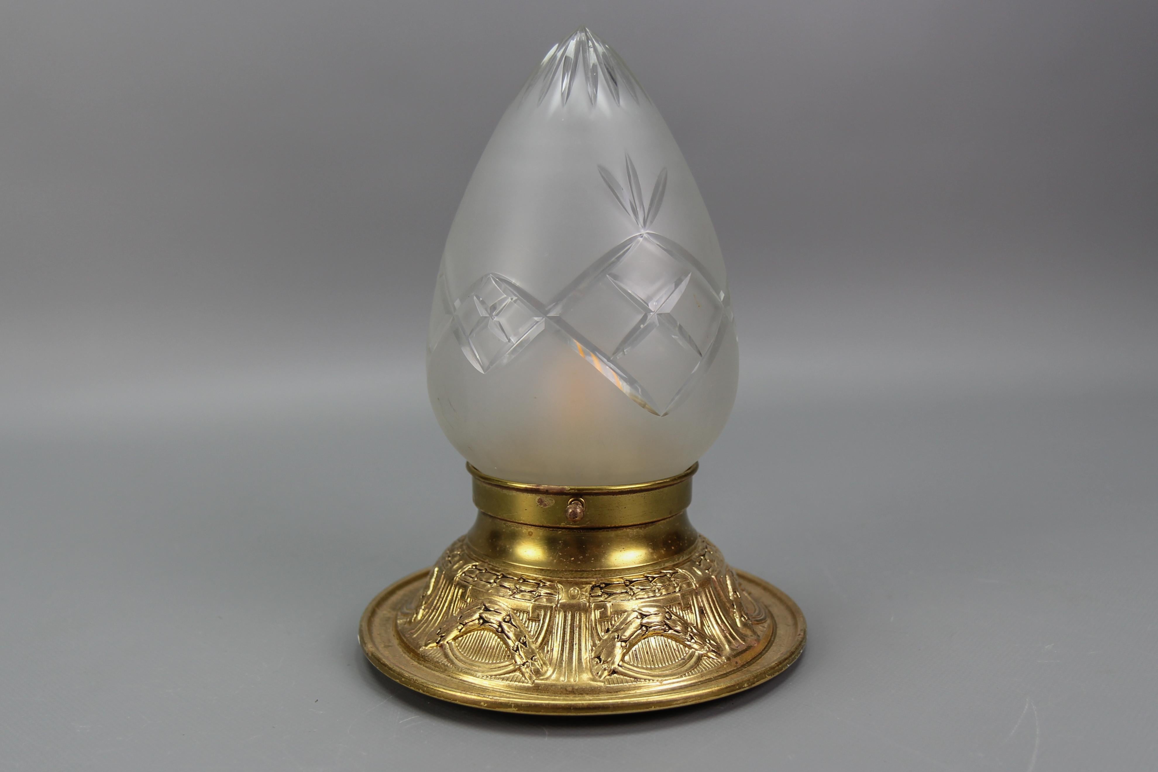 French Neoclassical Style Brass and Frosted Cut Glass Ceiling Light, circa 1910 For Sale 1