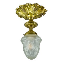 French Neoclassical Style Brass and Frosted Glass Ceiling Light Fixture, 1920s