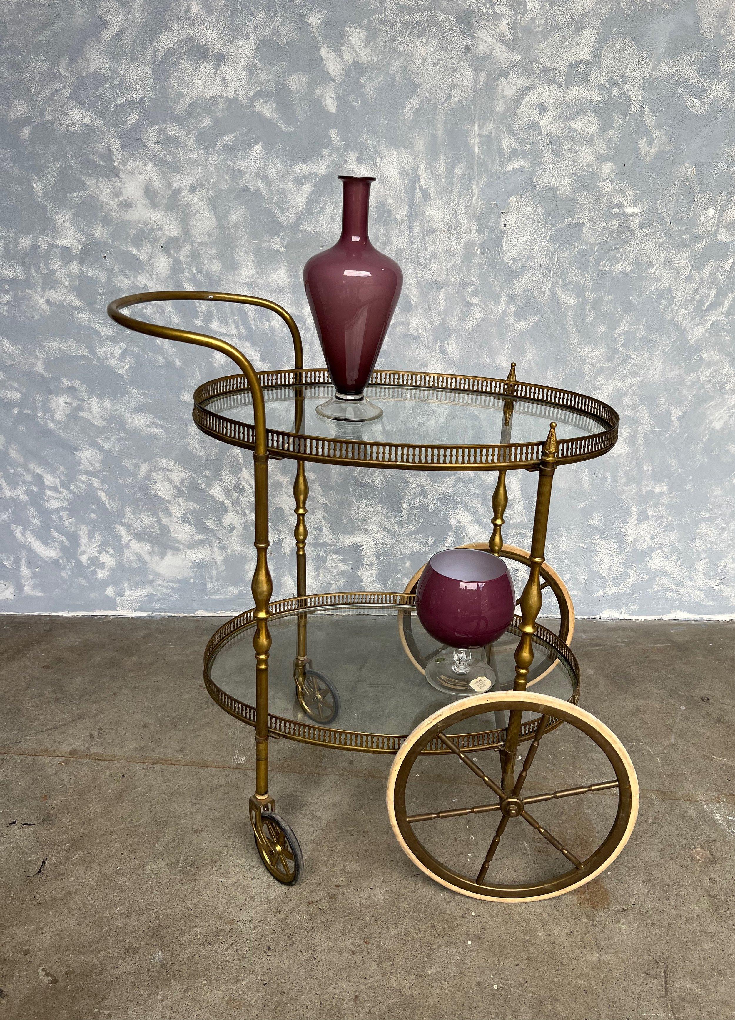 Art Deco French Neoclassical Style Brass and Glass Bar Cart For Sale