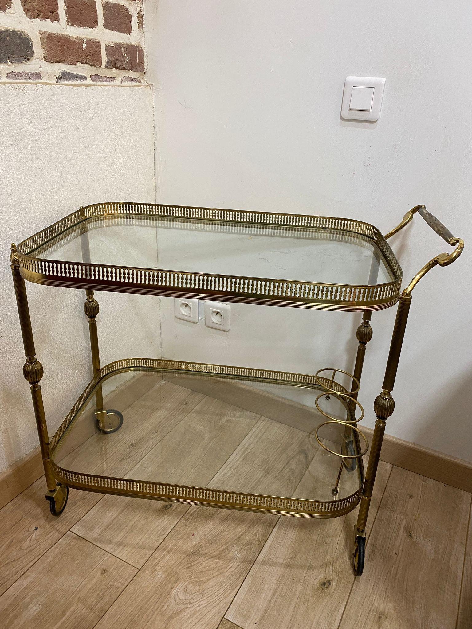 Mid-20th Century French Neoclassical Style Brass and Glass Bar Cart
