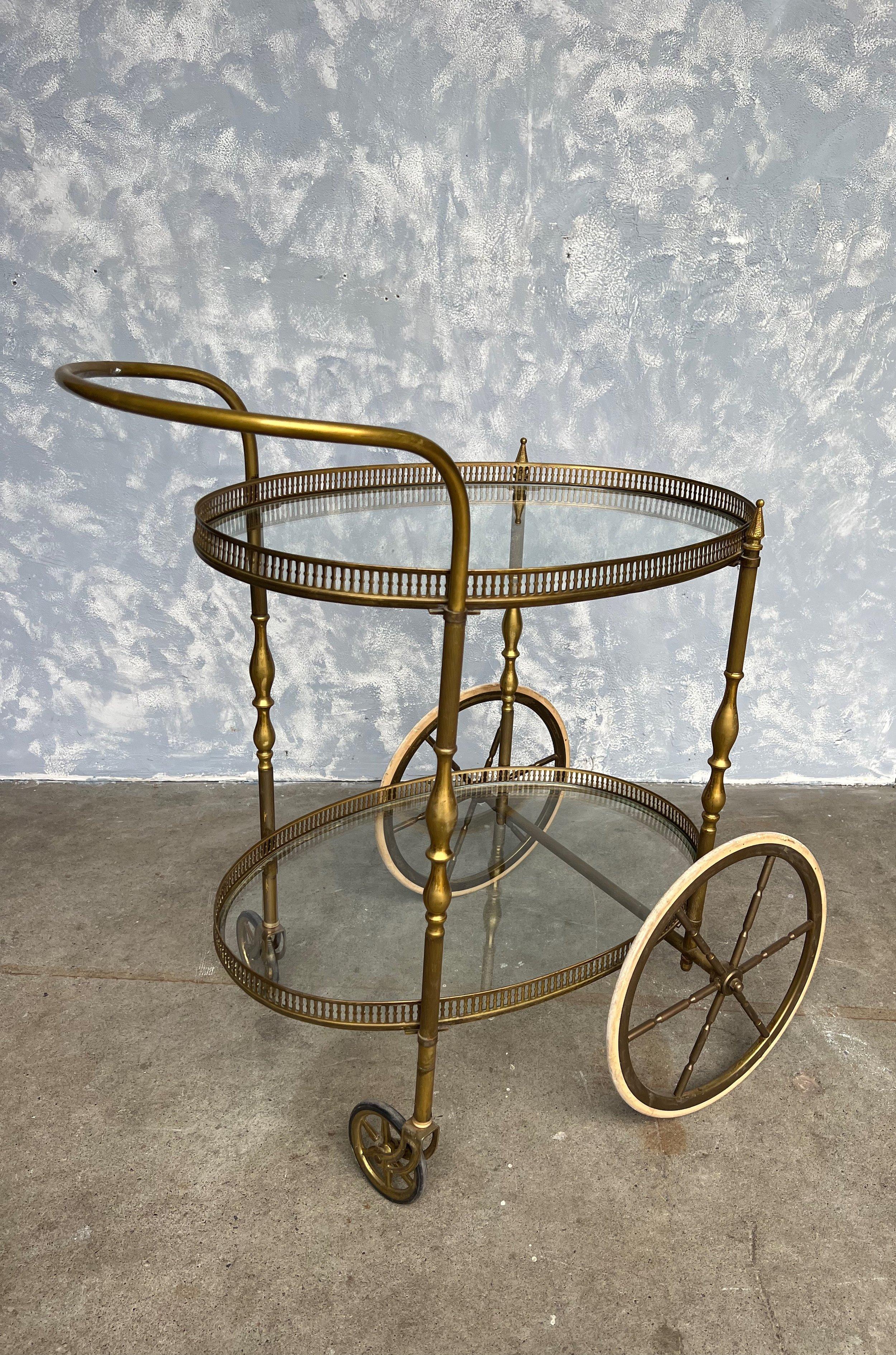 Mid-20th Century French Neoclassical Style Brass and Glass Bar Cart For Sale