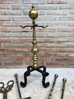 French Neoclassical Style Brass Fireplace Tools, 1970s, Set of 5