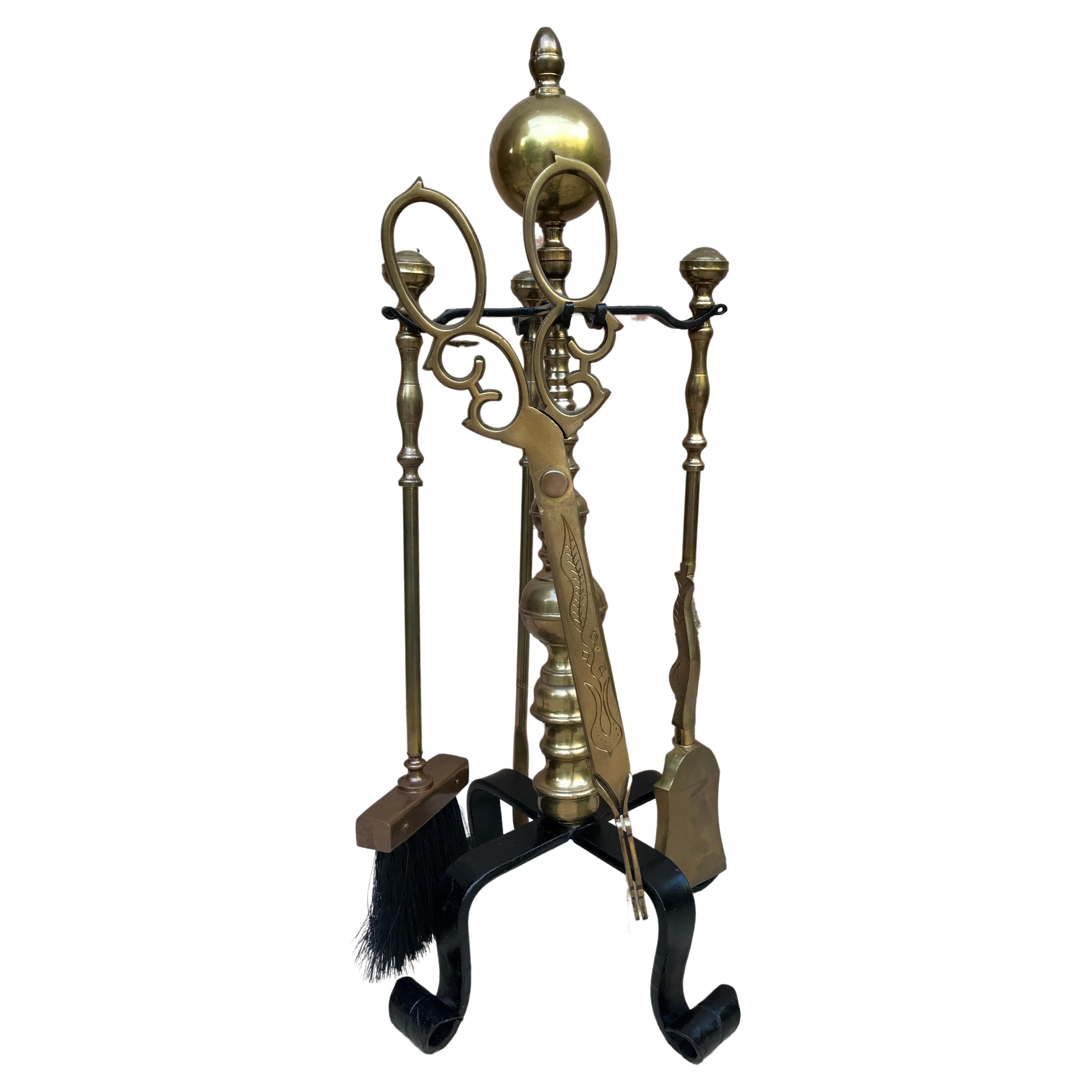 French Neoclassical Style Brass Fireplace Tools, 1970s, Set of 5 For Sale