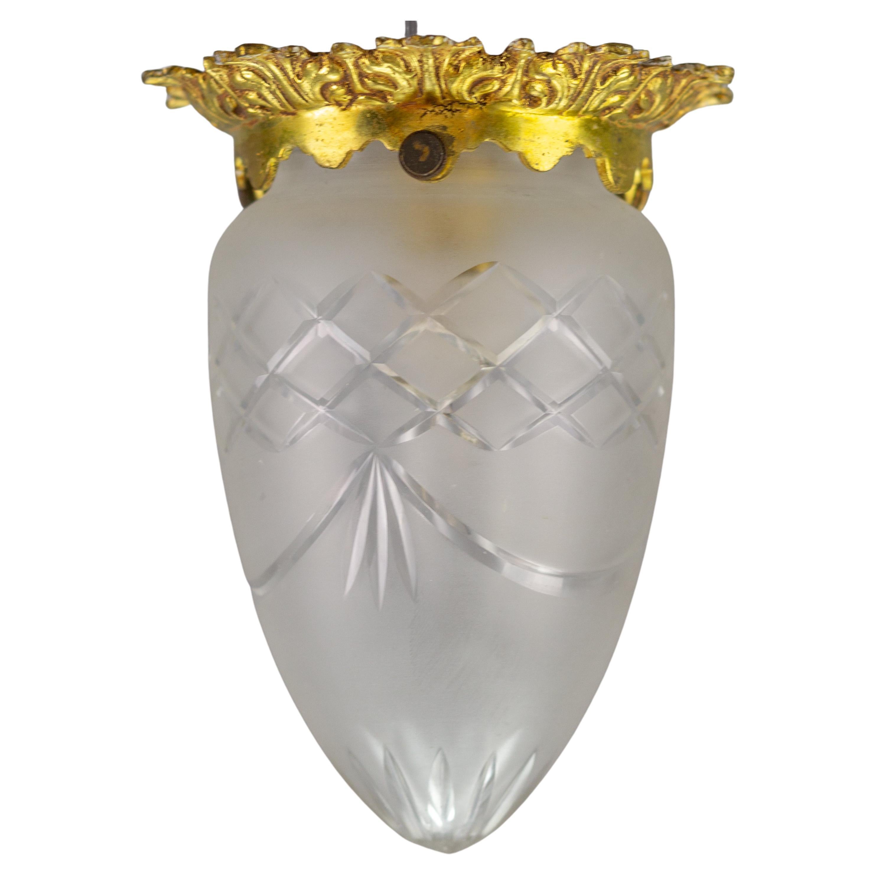 French Neoclassical Style Bronze and Frosted Cut Glass Flush Mount For Sale