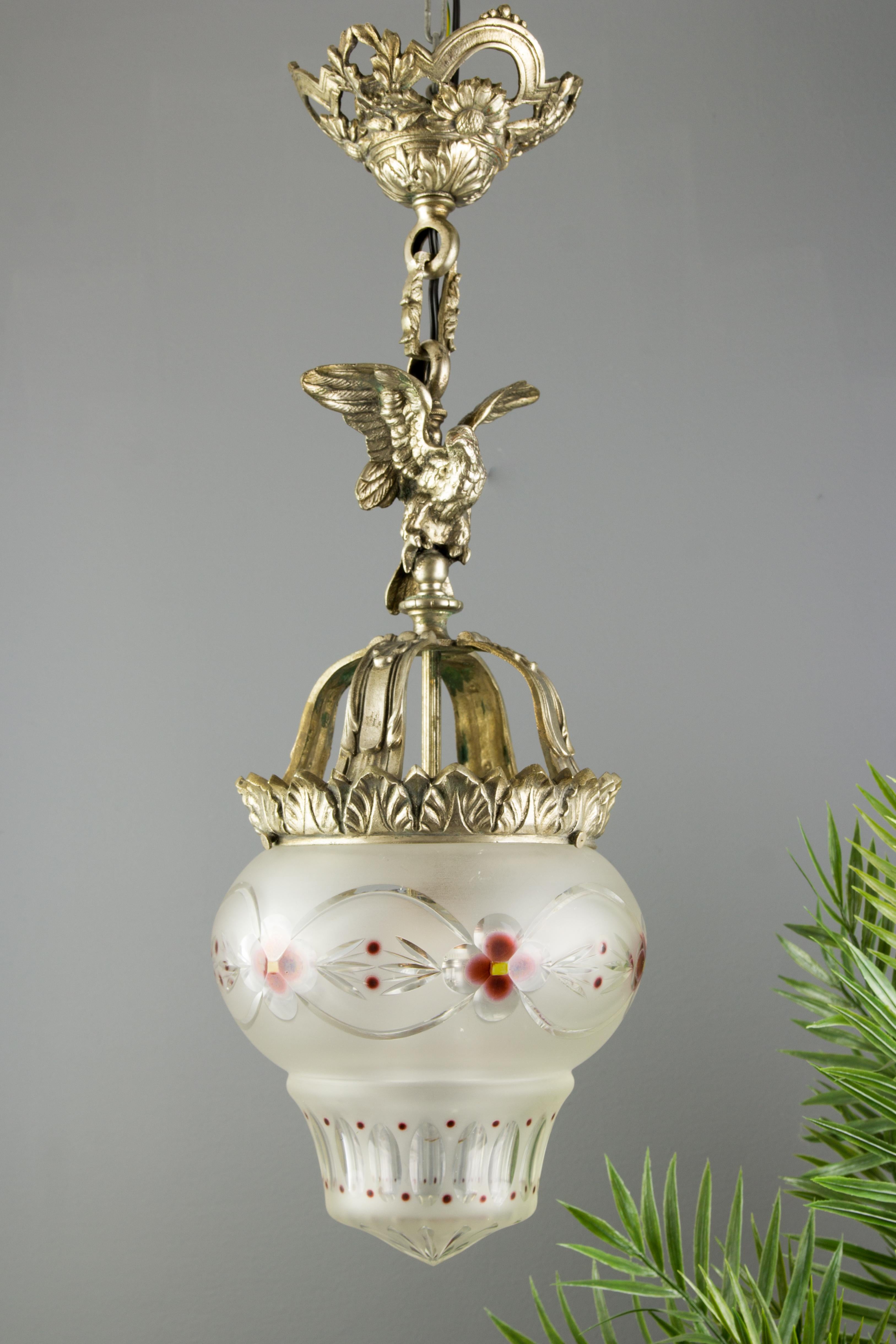French Neoclassical Style Bronze and Frosted Glass Pendant Light with an Eagle For Sale 5