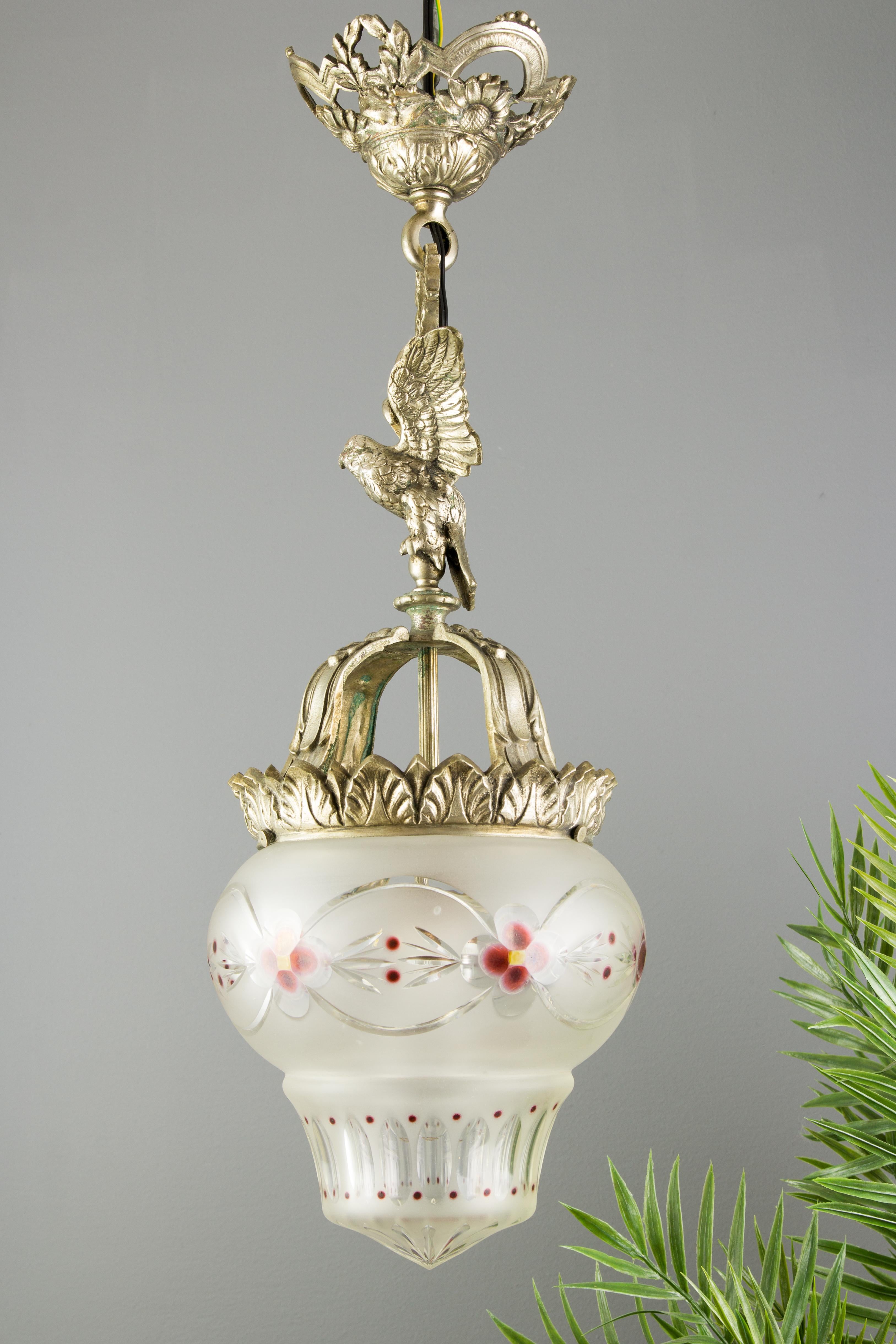 French Neoclassical Style Bronze and Frosted Glass Pendant Light with an Eagle For Sale 1