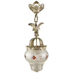French Neoclassical Style Bronze and Frosted Glass Pendant Light with an Eagle