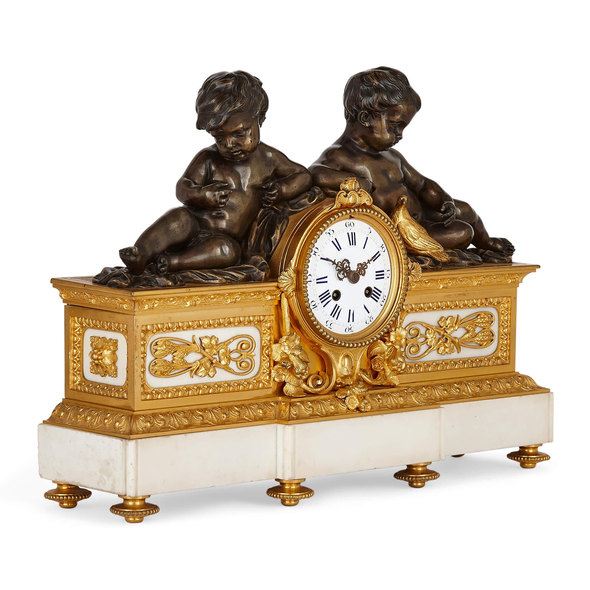 Gilt French Neoclassical Style Bronze and Marble Three-Piece Clock Set For Sale