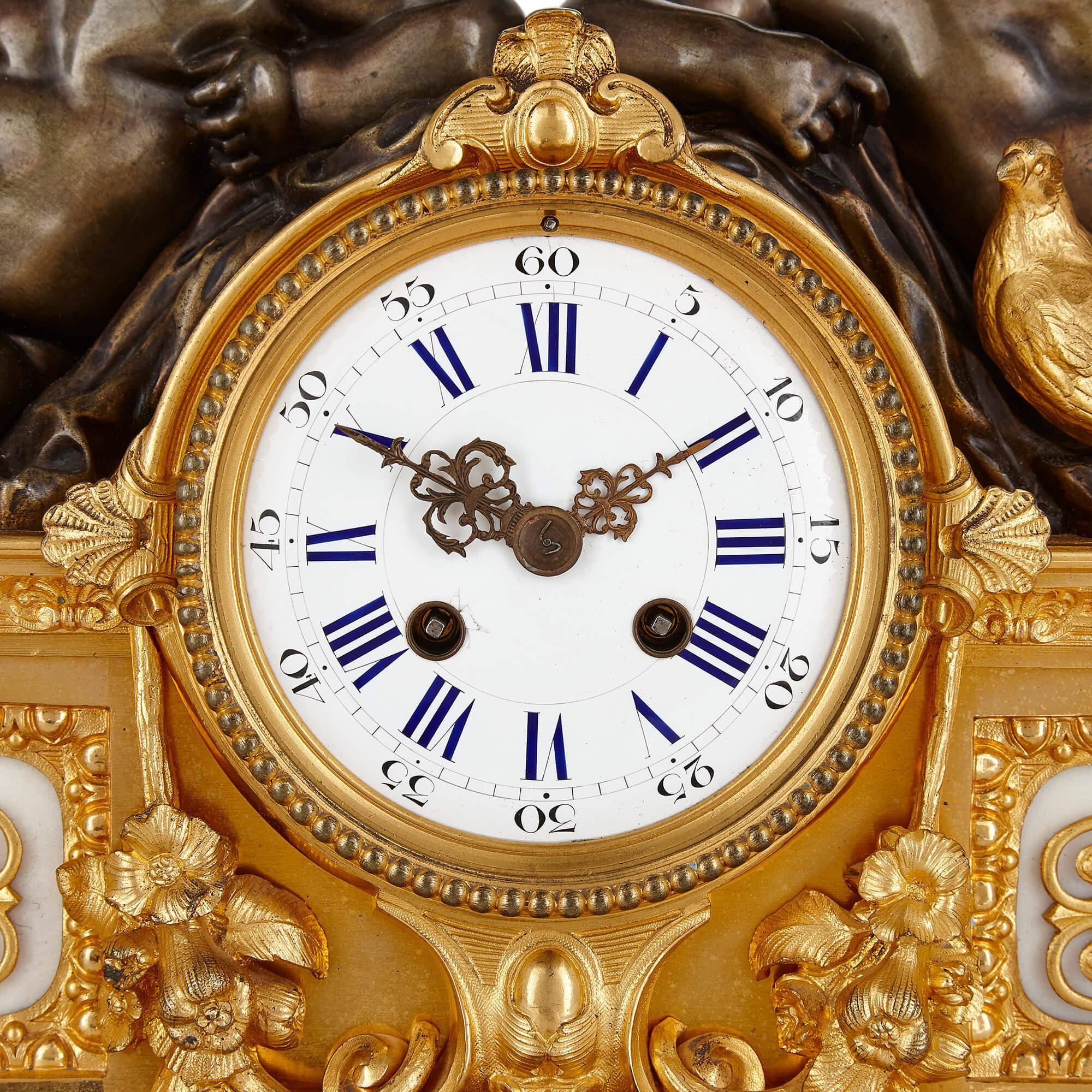 French Neoclassical Style Bronze and Marble Three-Piece Clock Set In Good Condition For Sale In London, GB