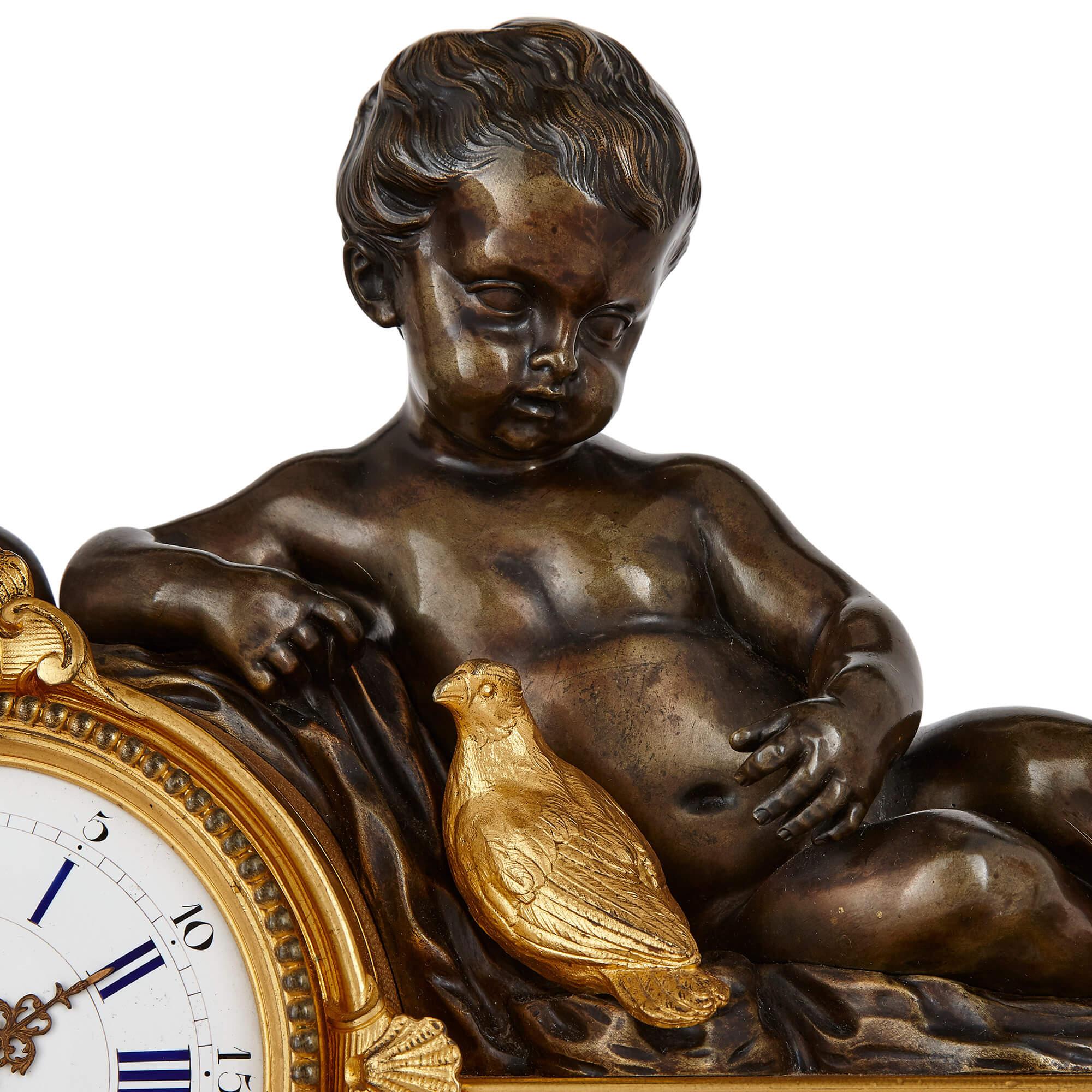 Dreiteiliges Uhrenset aus Bronze und Marmor im neoklassischen Stil, Neoklassizismus (Vergoldet) im Angebot