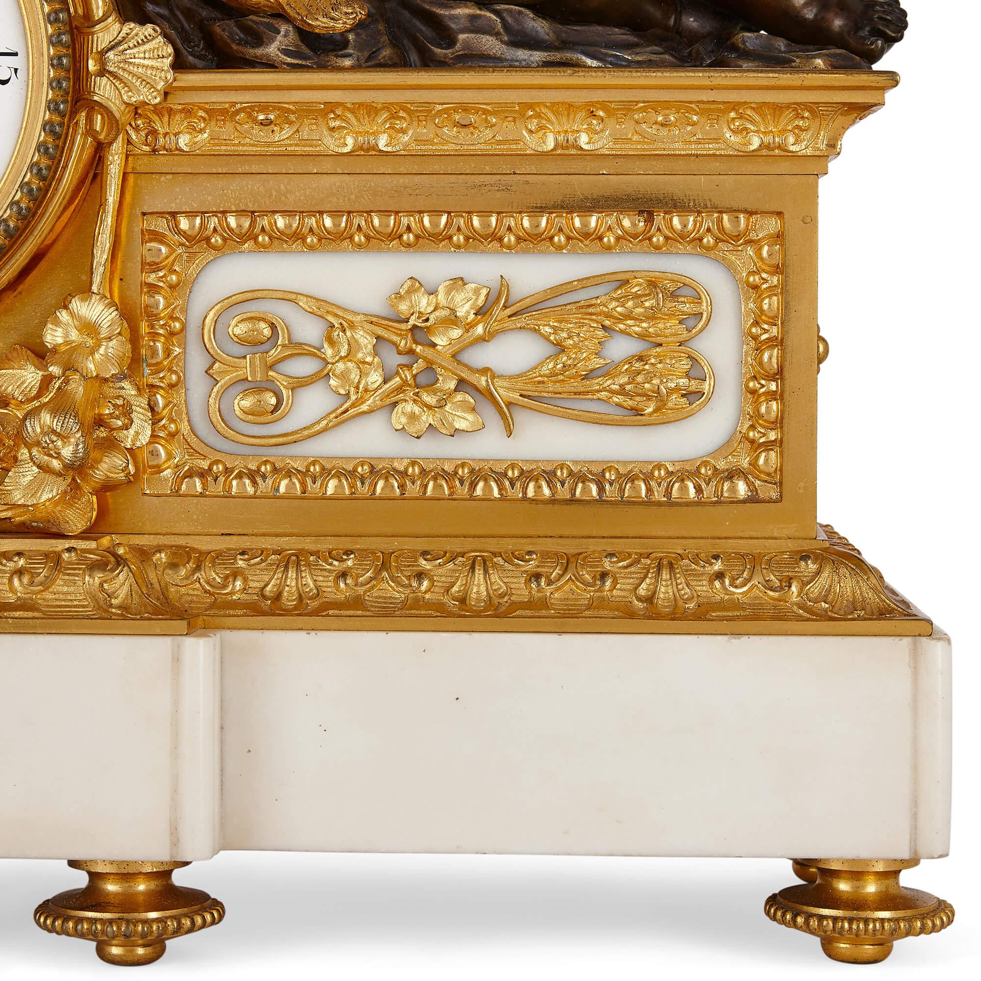 French Neoclassical Style Bronze and Marble Three-Piece Clock Set For Sale 1
