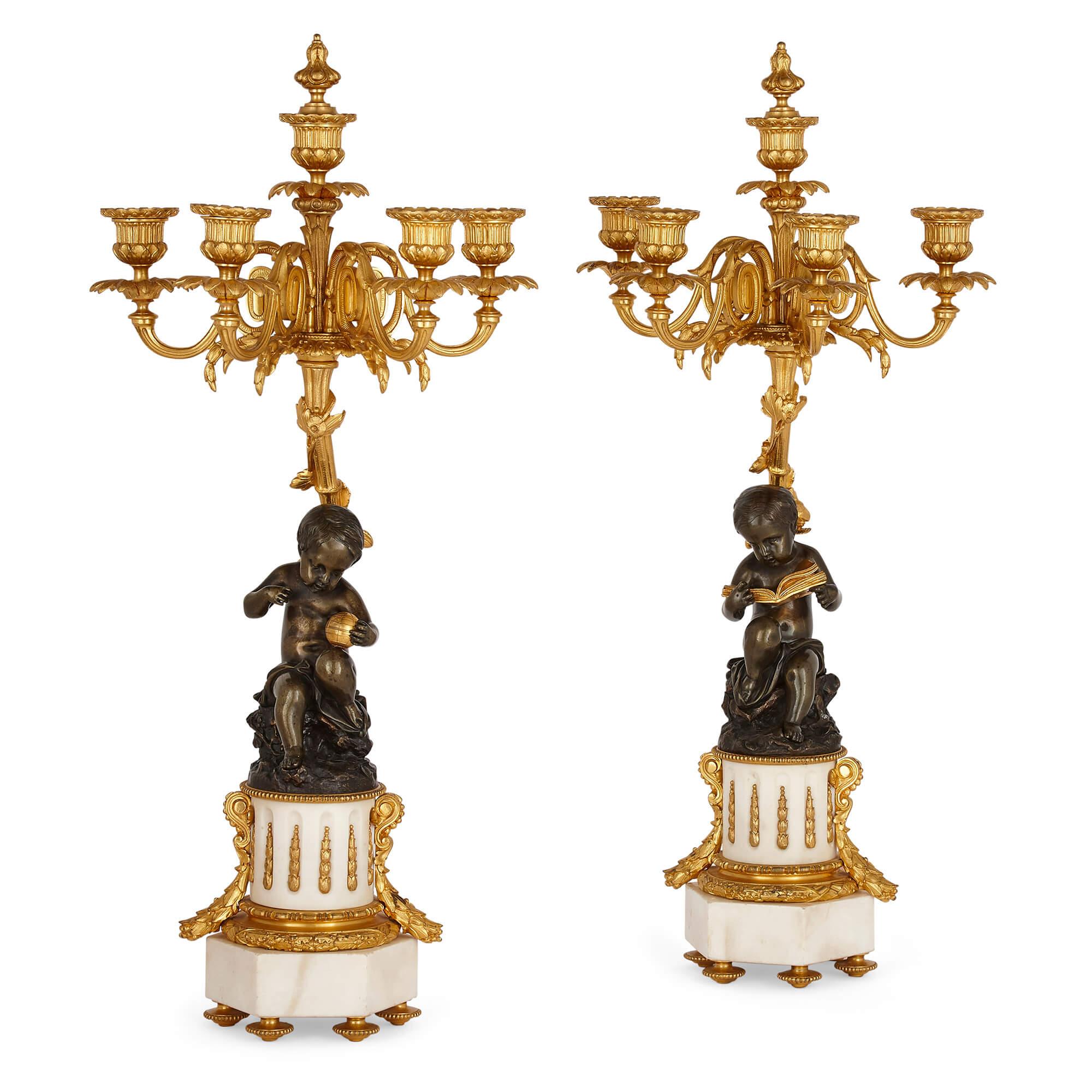 French Neoclassical Style Bronze and Marble Three-Piece Clock Set For Sale 2