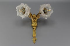 French Neoclassical Style Bronze and White Frosted Glass Two-Arm Sconce, ca 1910
