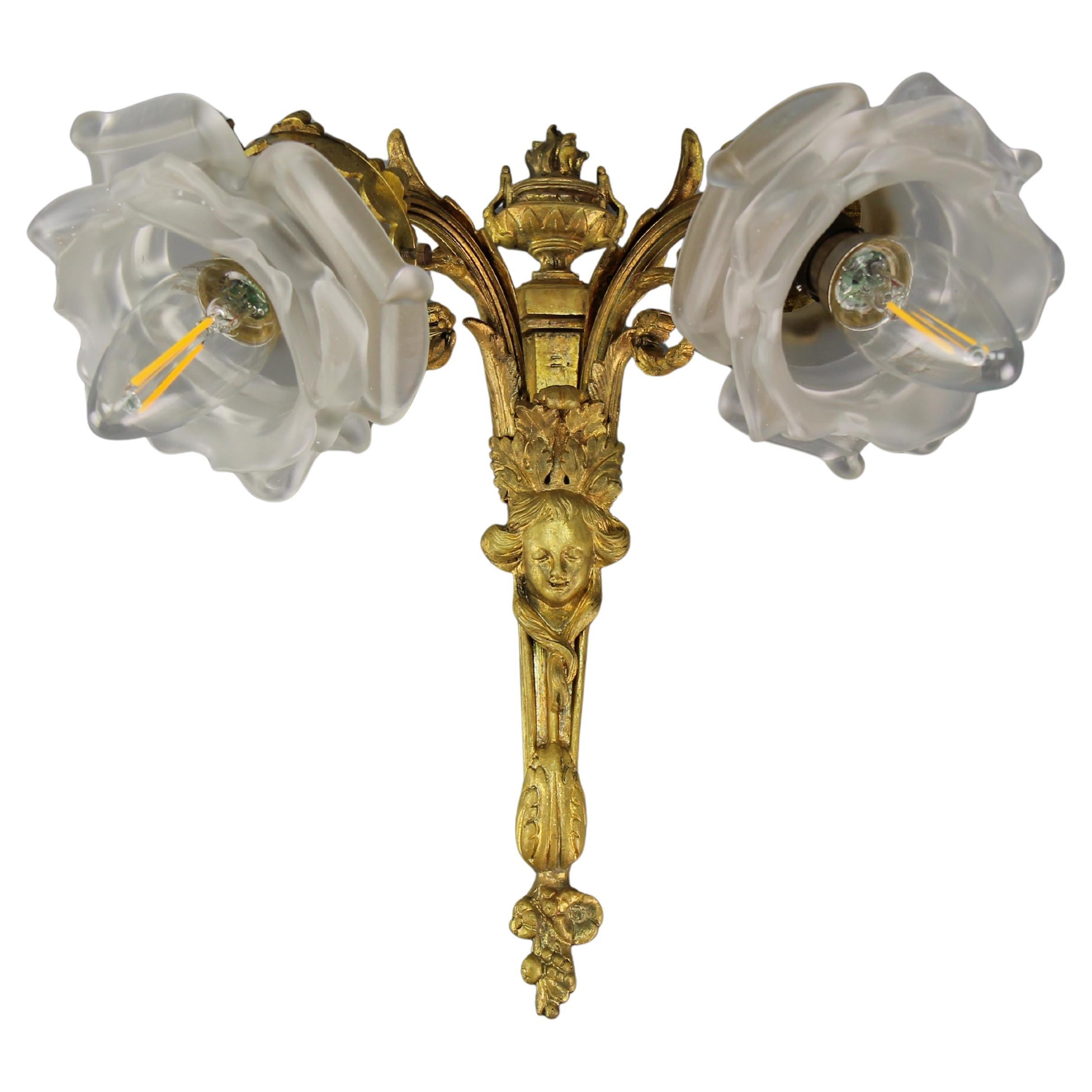 French Neoclassical Style Bronze and White Frosted Glass Two-Arm Sconce, ca 1910