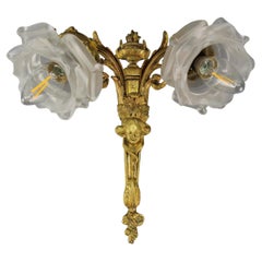 French Neoclassical Style Bronze and White Frosted Glass Two-Arm Sconce, ca 1910