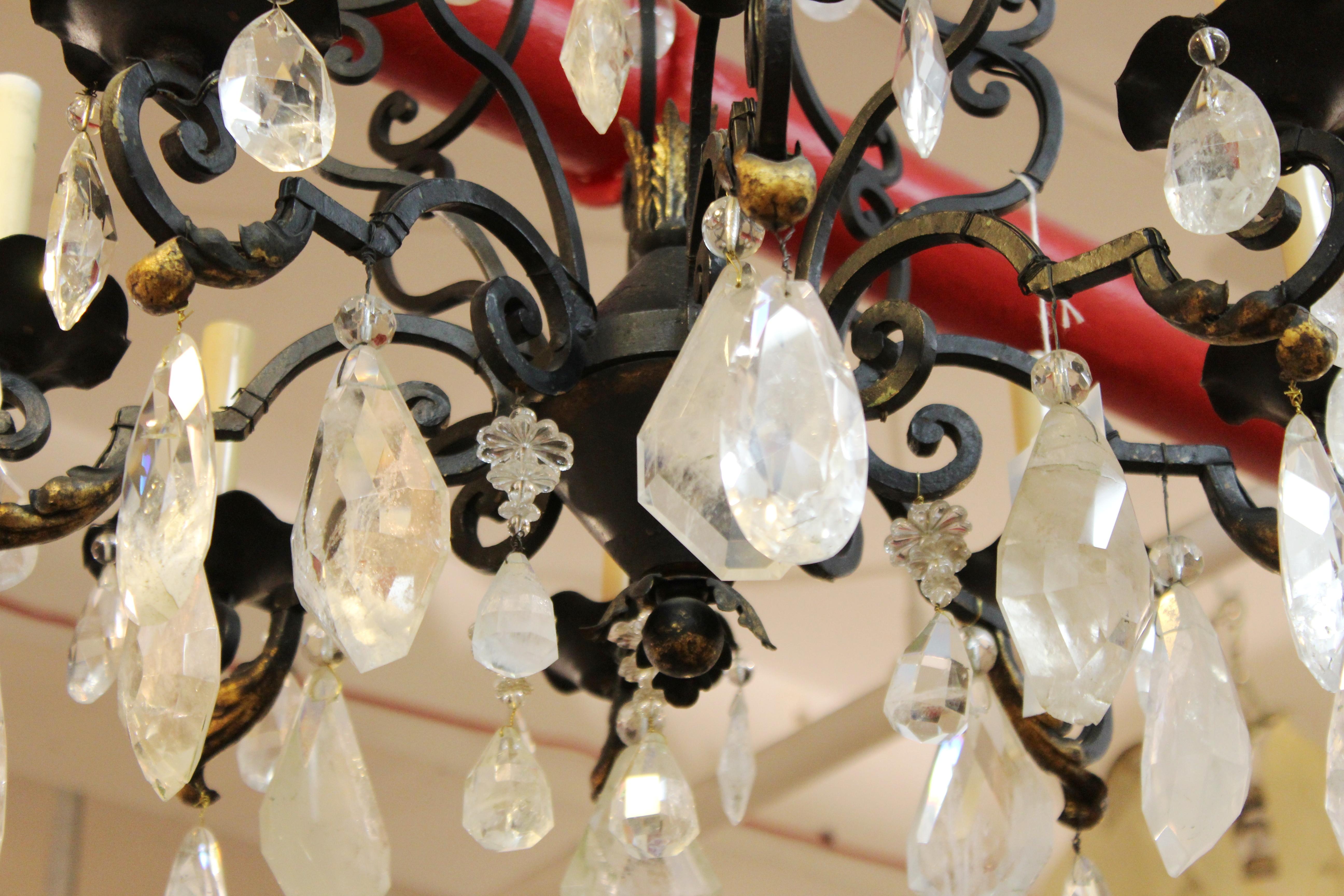 20th Century French Neoclassical Style Bronze Chandelier with Rock Crystal Quartz Prisms