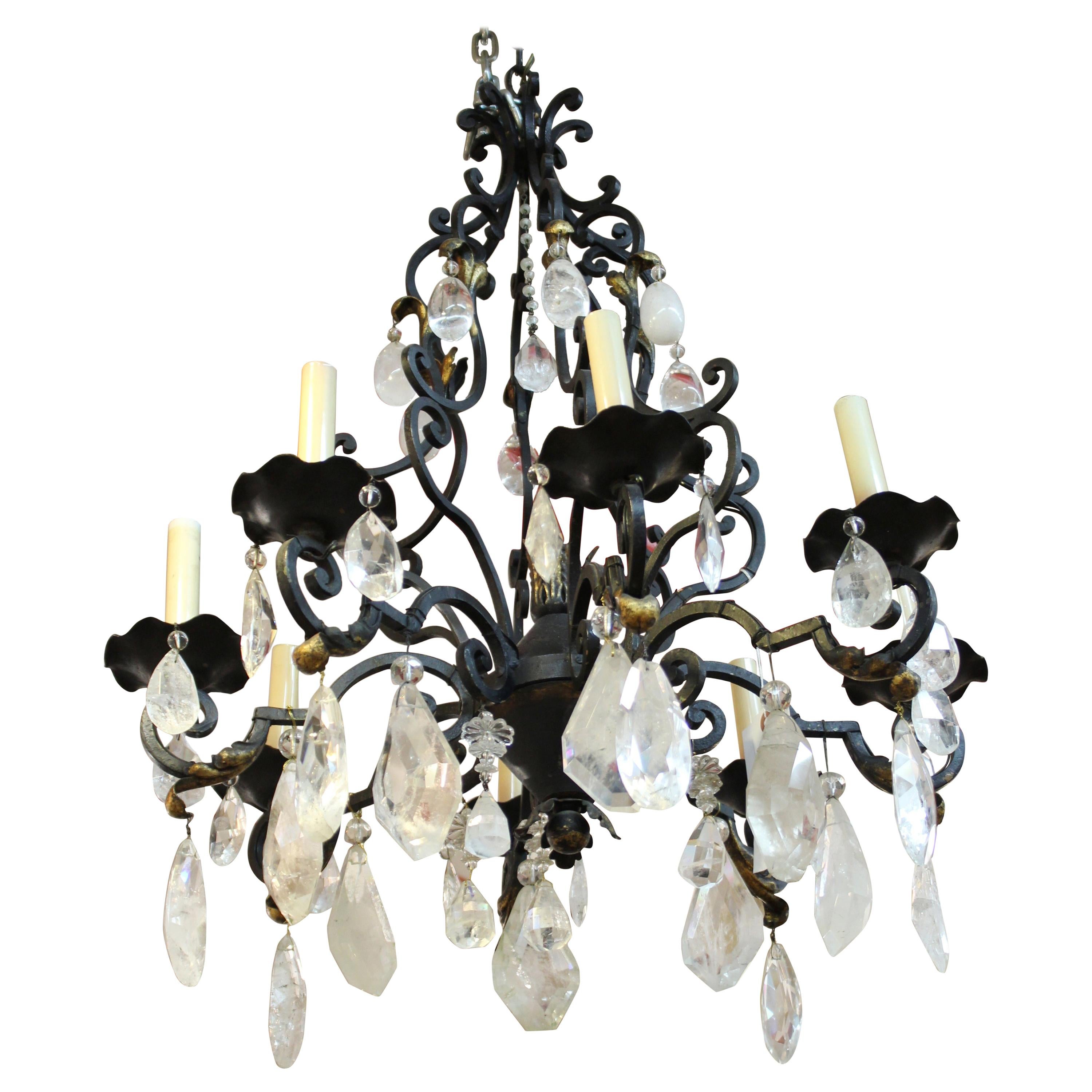 French Neoclassical Style Bronze Chandelier with Rock Crystal Quartz Prisms