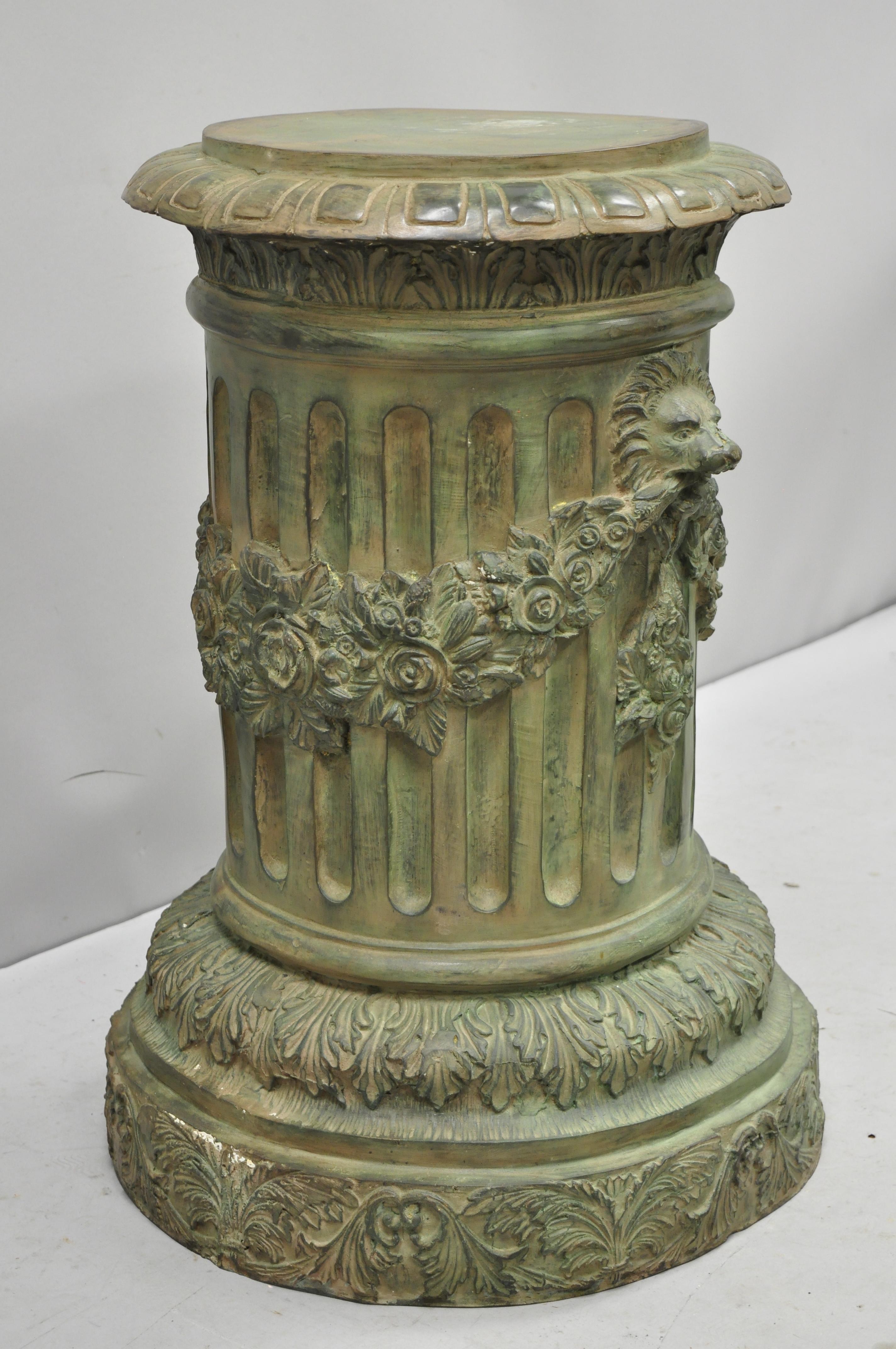 French neoclassical style bronze fluted column pedestal dining center table base with lions. Item features cast bronze pedestal table base, fluted column form, drapes and lions, green patinated finish, great style and form, weighs approximately