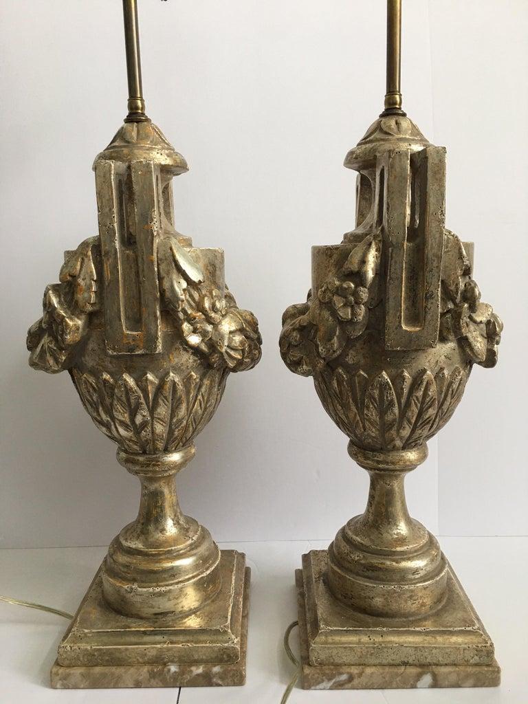 French Neoclassical Style Carved Silver Giltwood & Marble Draped Urn Lamps, Pair In Good Condition For Sale In Lambertville, NJ