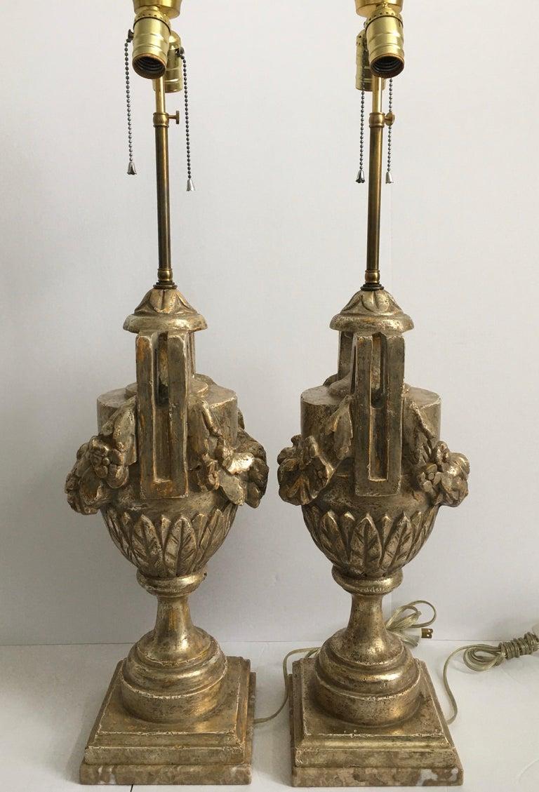 20th Century French Neoclassical Style Carved Silver Giltwood & Marble Draped Urn Lamps, Pair For Sale