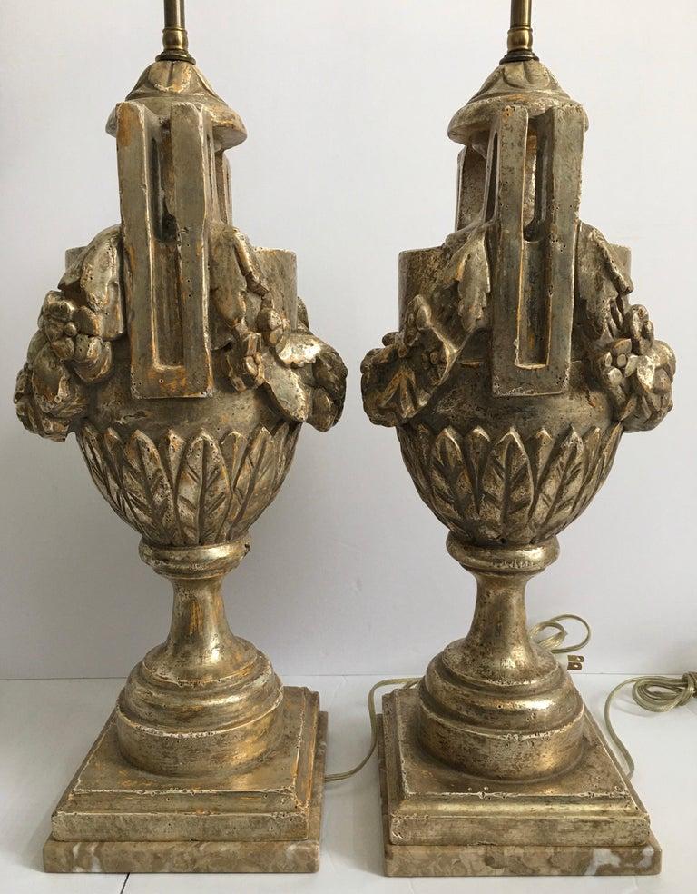 Gesso French Neoclassical Style Carved Silver Giltwood & Marble Draped Urn Lamps, Pair For Sale