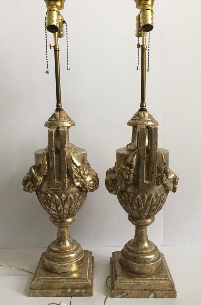 French Neoclassical Style Carved Silver Giltwood & Marble Draped Urn Lamps, Pair For Sale 1