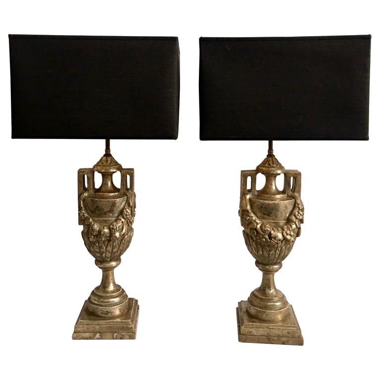 French Neoclassical Style Carved Silver Giltwood & Marble Draped Urn Lamps, Pair For Sale