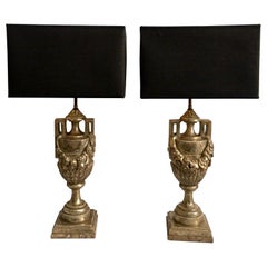 French Neoclassical Style Carved Silver Giltwood & Marble Draped Urn Lamps, Pair