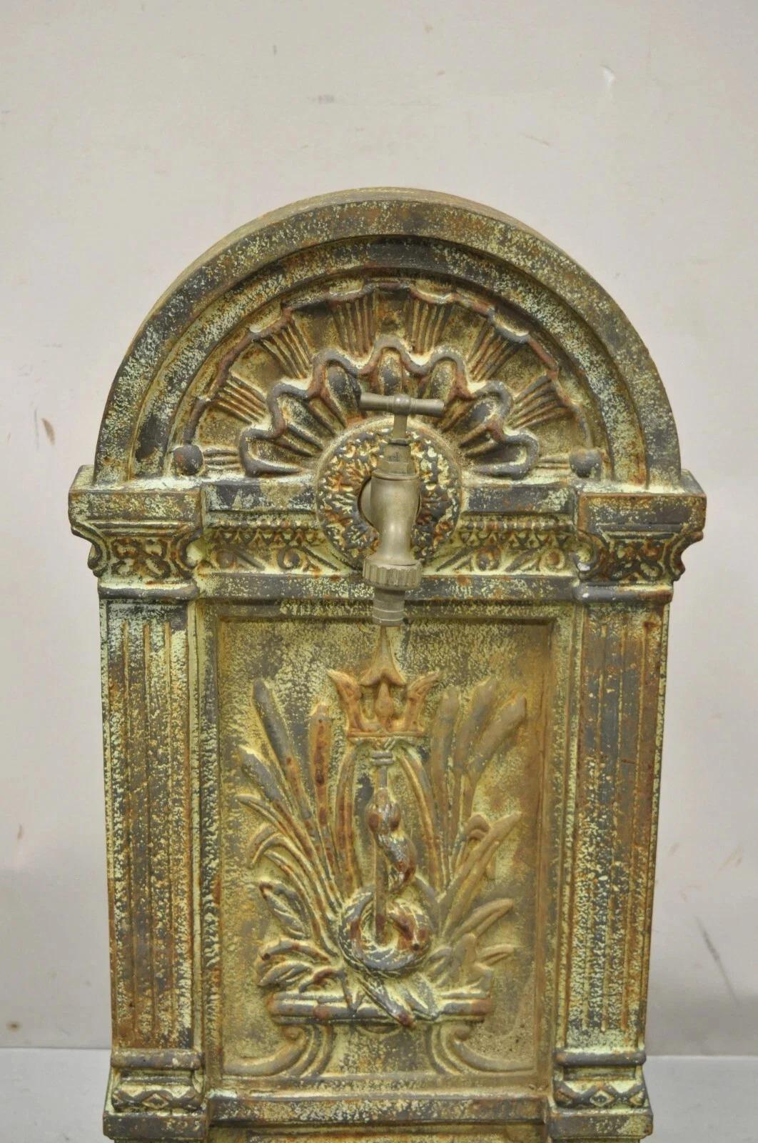 French Neoclassical Style Cast Iron Serpent Trident Garden Wall Water Fountain In Good Condition For Sale In Philadelphia, PA