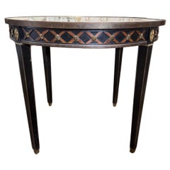 French Neoclassical-Style Circular Black Table with Marble Top and Brass Trim