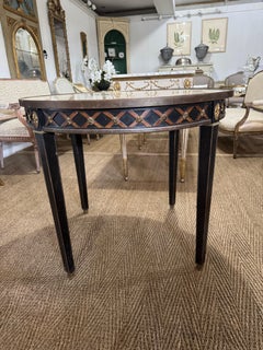 French Neoclassical-Style Circular Black Table with Marble Top and Brass Trim