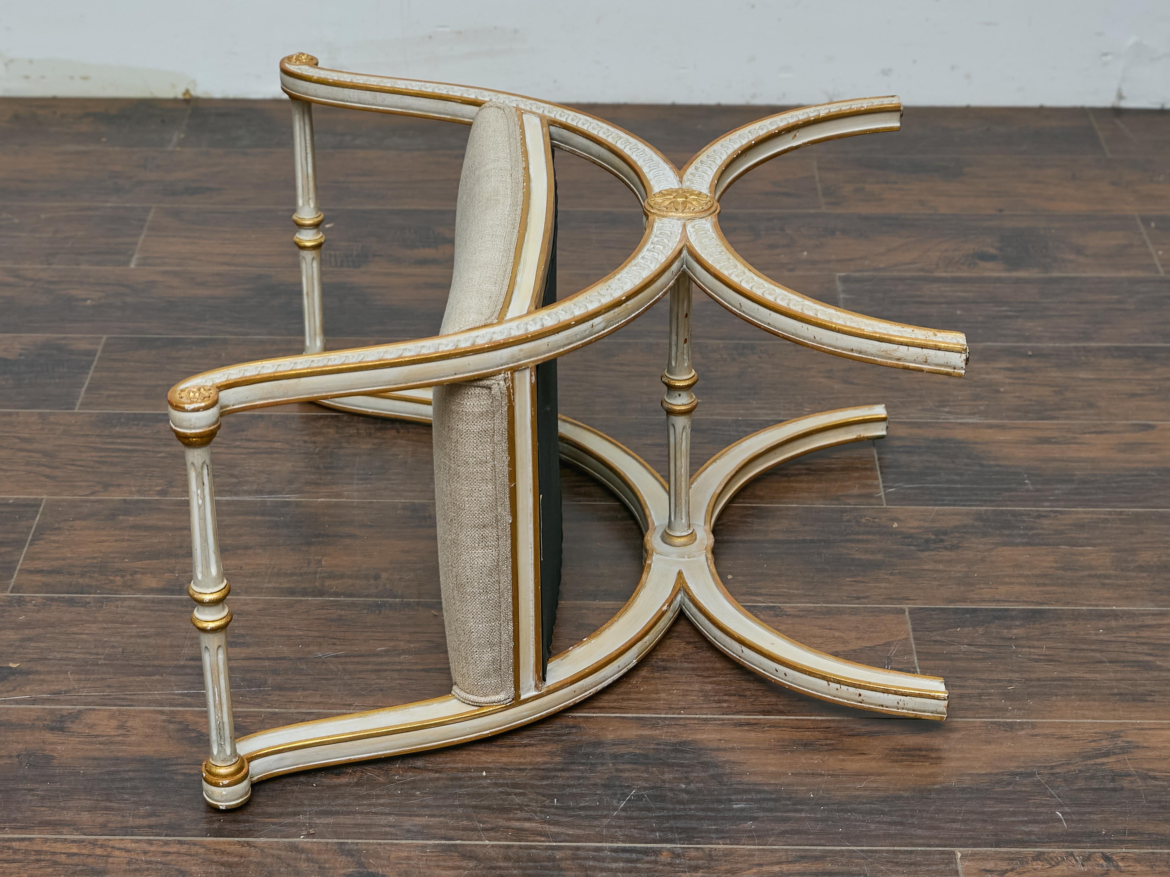 Sgabello francese in stile neoclassico Curule, legno dorato e sedile imbottito in vendita 3