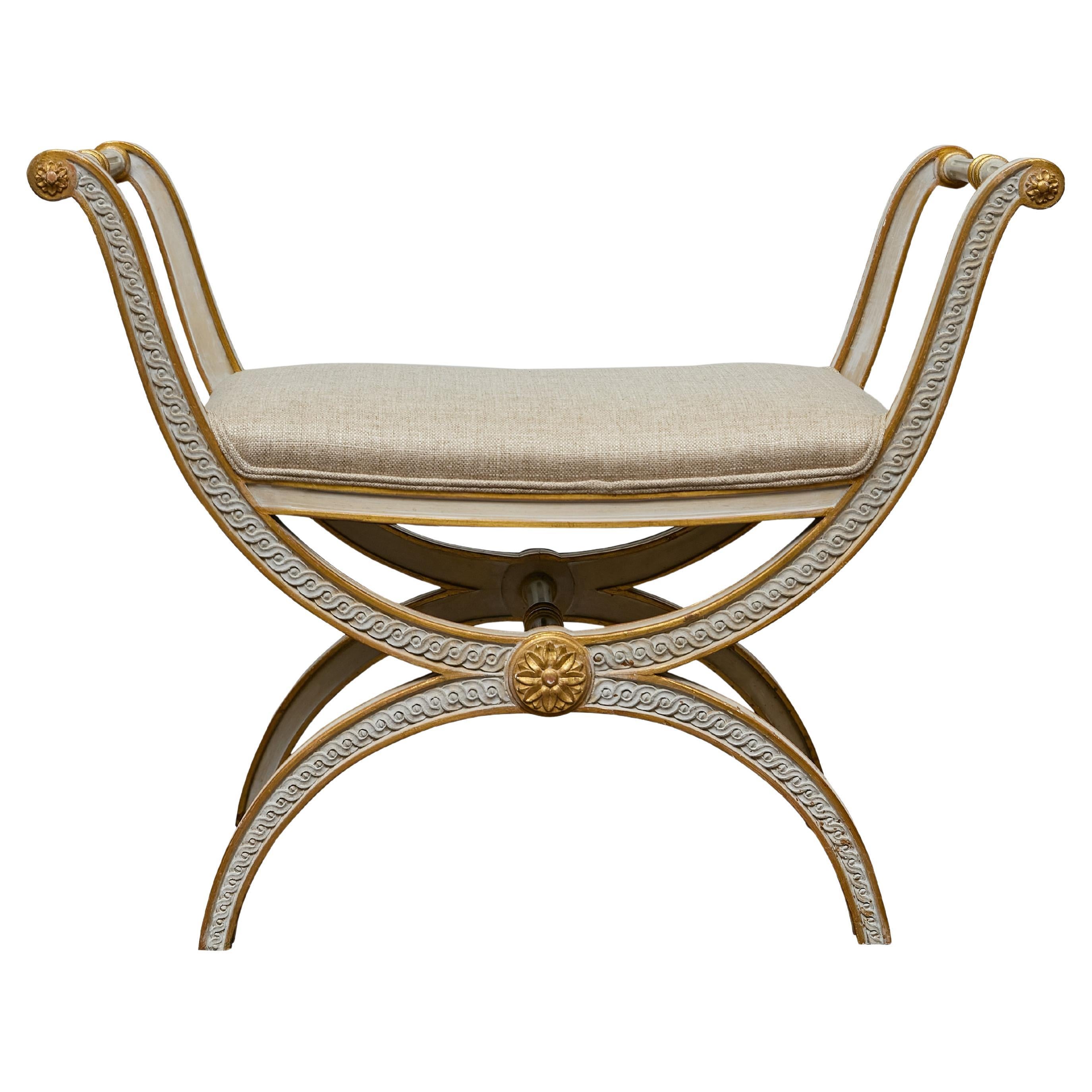 French Neoclassical Style Curule Stool, Gilded Wood and Upholstered Seat