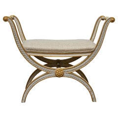 Sgabello francese in stile neoclassico Curule, legno dorato e sedile imbottito