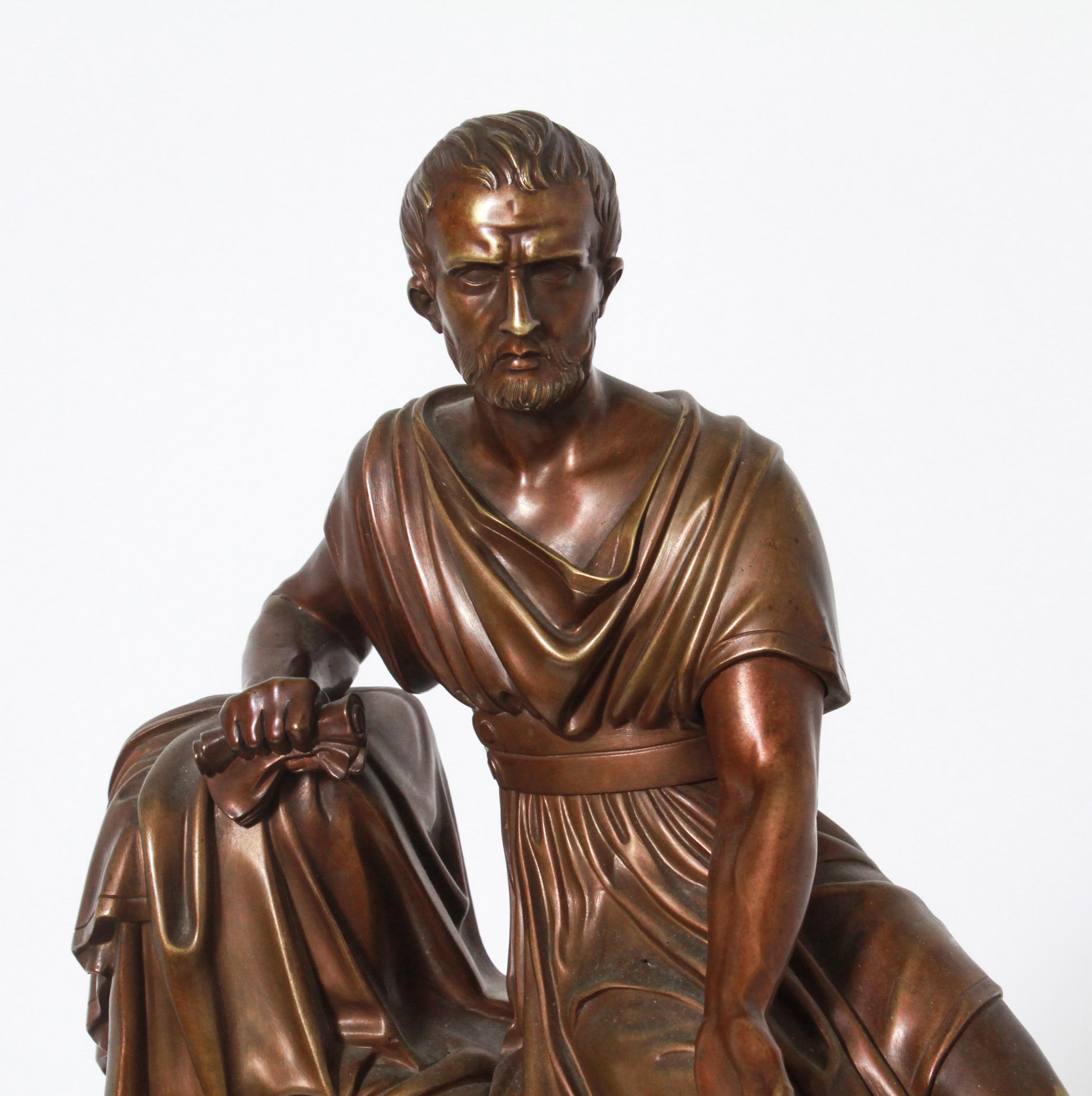 Neoclassical style French dore and patinated bronze figural mantel clock, depicting a seated Roman soldier clenching a scroll and gesturing over an ormolu and bronze dial. The figure is seated on a sculptural relief ground and a rectangular gilt