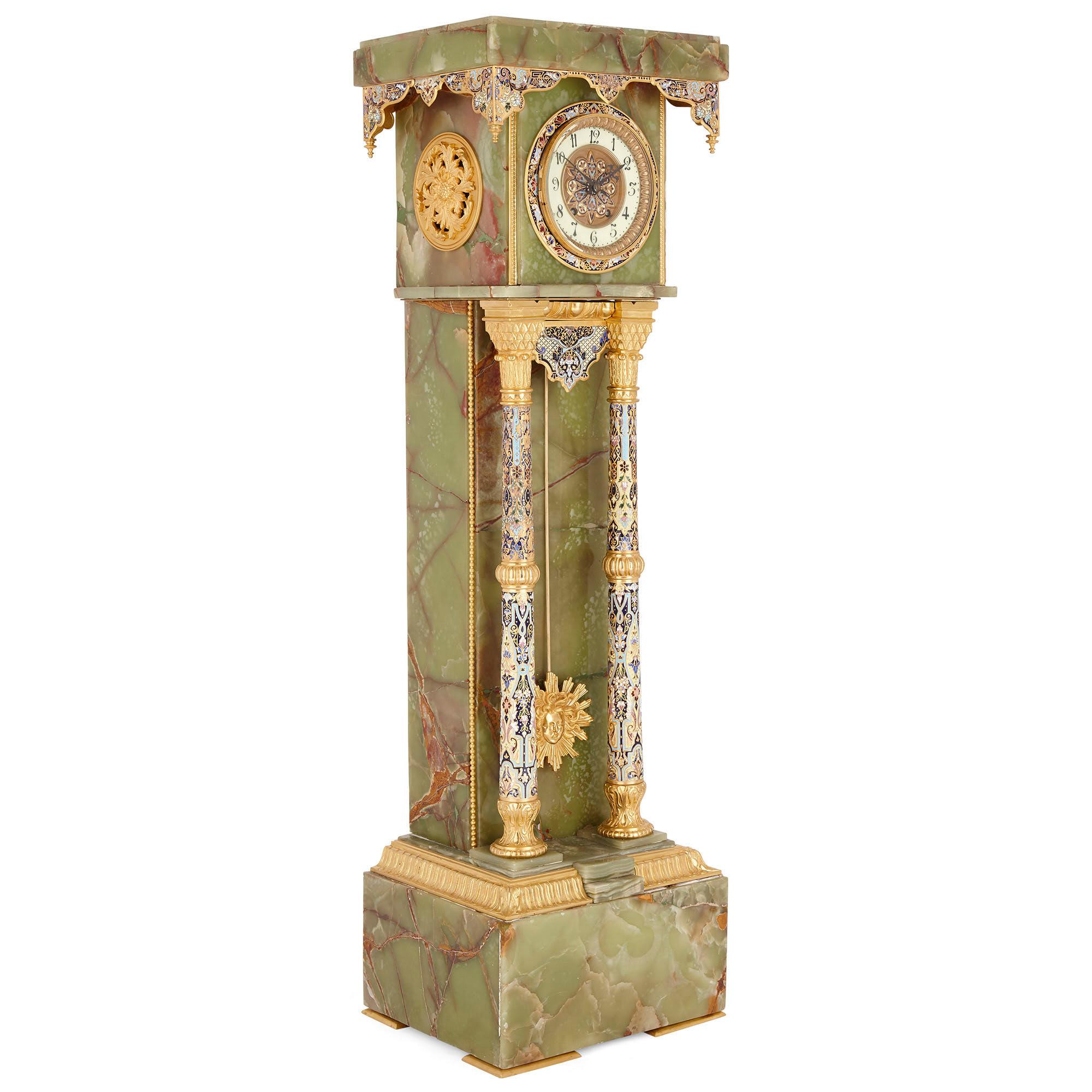 French neoclassical style enamel, onyx, and gilt bronze pedestal clock
French, late 19th century
Measures: Height 125cm, width 36cm, depth 30cm

This beautiful pedestal clock has been crafted from green onyx and beautifully decorated with gilt